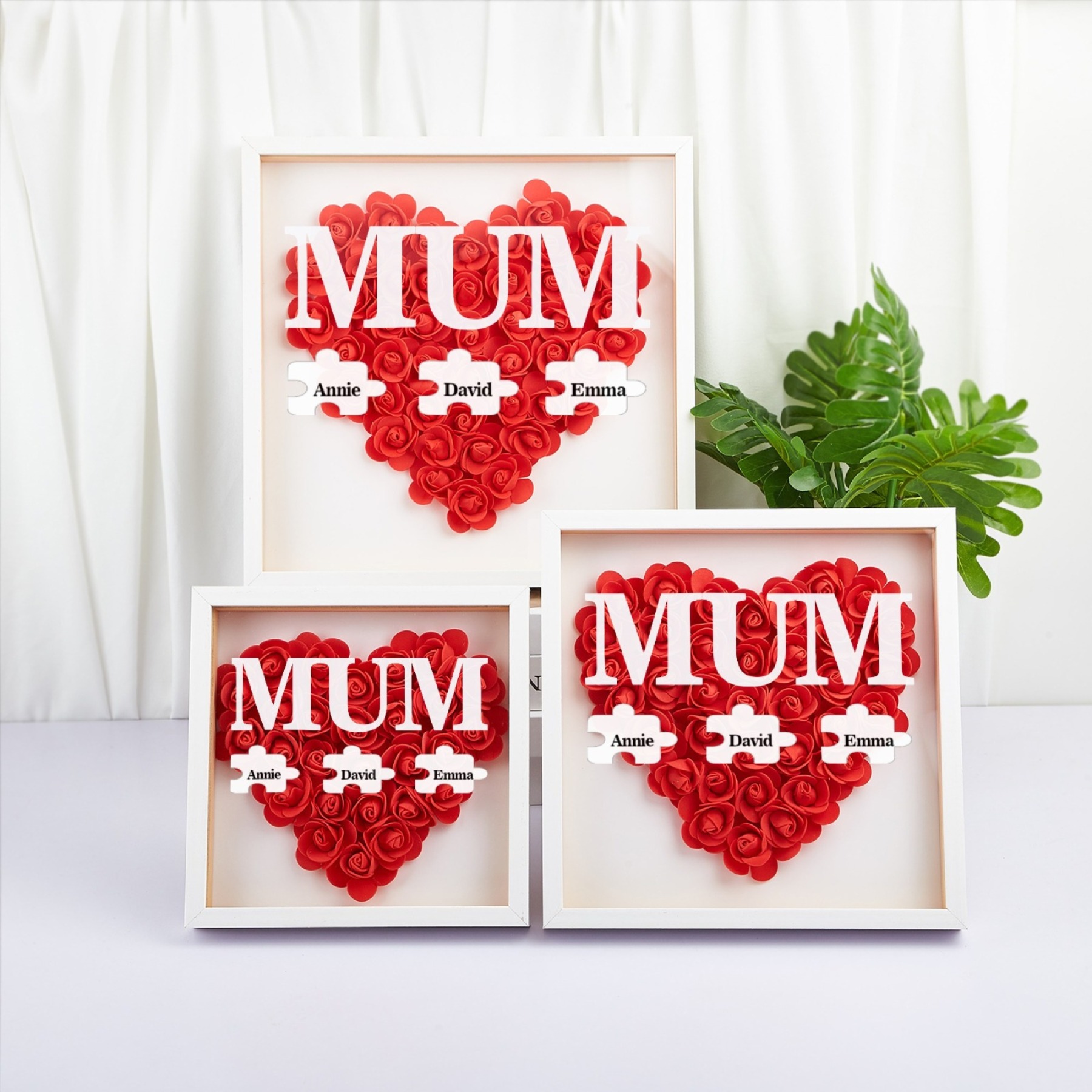 Personalised Flower Shadow Box Custom Puzzle Names Rose Frame Mother’s Day Gift for Mom, Grandma, Nana