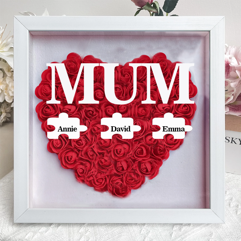 Personalised Flower Shadow Box Custom Puzzle Names Rose Frame Mother’s Day Gift for Mom, Grandma, Nana