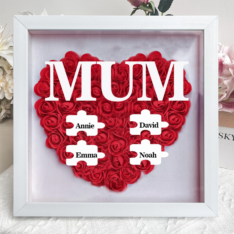 Personalised Flower Shadow Box Custom Puzzle Names Rose Frame Mother’s Day Gift for Mom, Grandma, Nana