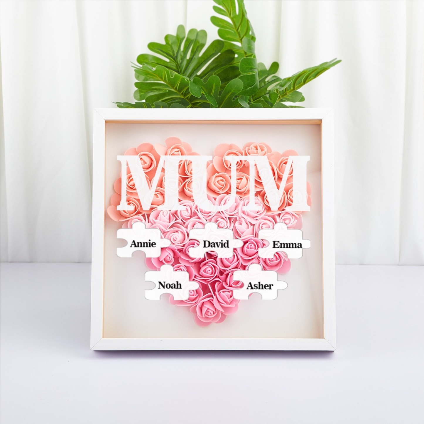 Personalised Flower Shadow Box Custom Puzzle Names Rose Frame Mother’s Day Gift for Mom, Grandma, Nana