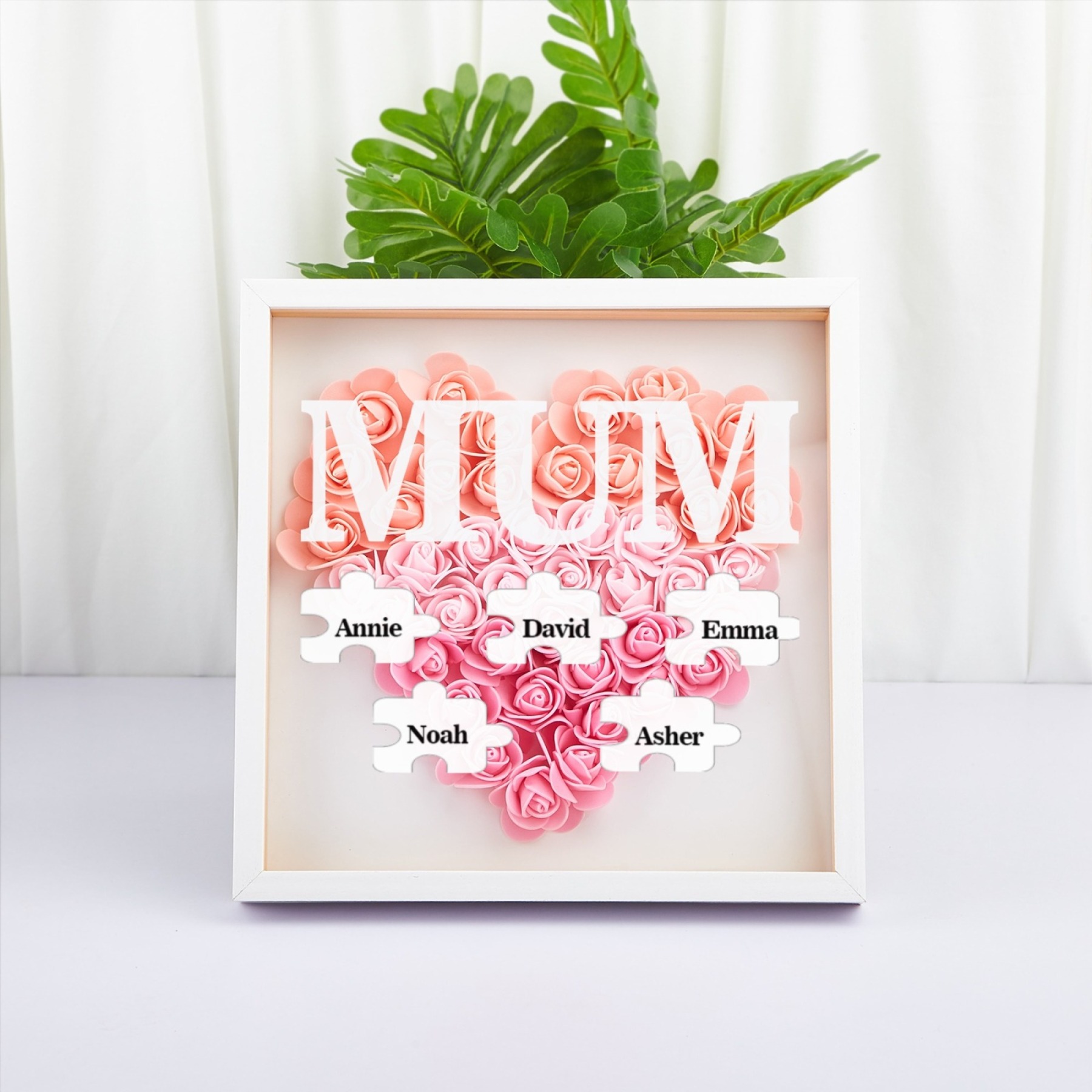 Personalised Flower Shadow Box Custom Puzzle Names Rose Frame Mother’s Day Gift for Mom, Grandma, Nana