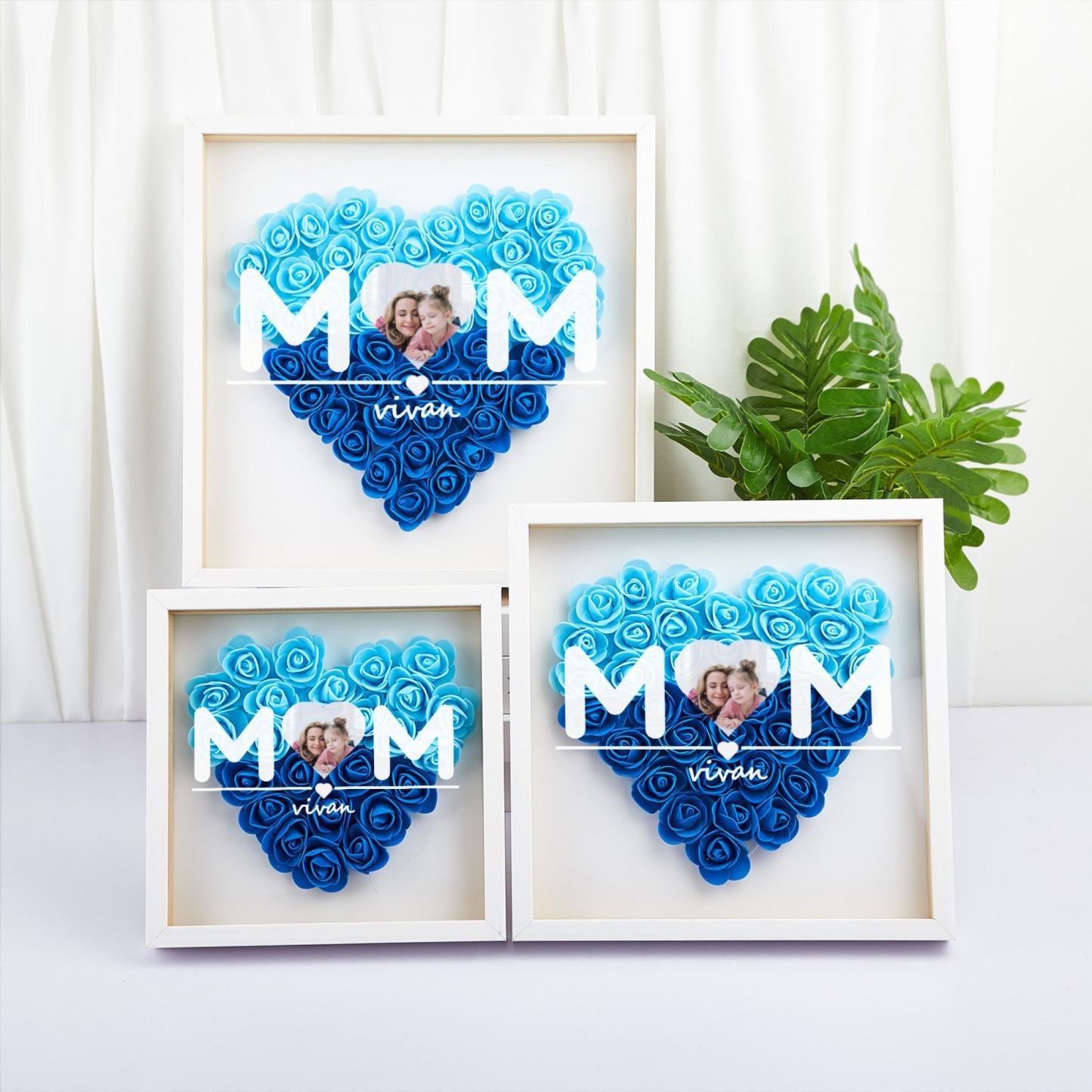 Custom Heart Photo Flower Shadow Box with Personalised 1-5 Names Rose Frame Mother’s Day Gift for Mom, Grandma, Nana