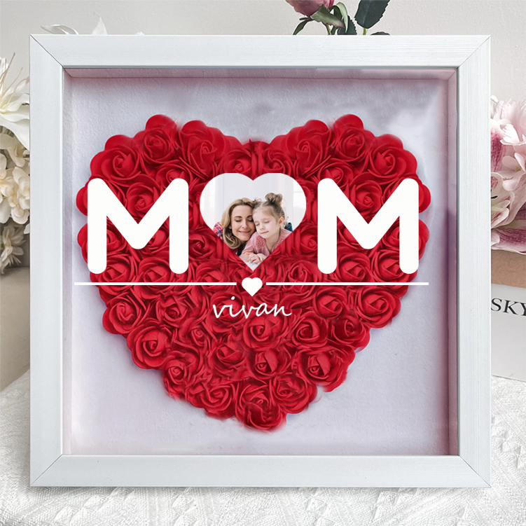 Custom Heart Photo Flower Shadow Box with Personalised 1-5 Names Rose Frame Mother’s Day Gift for Mom, Grandma, Nana