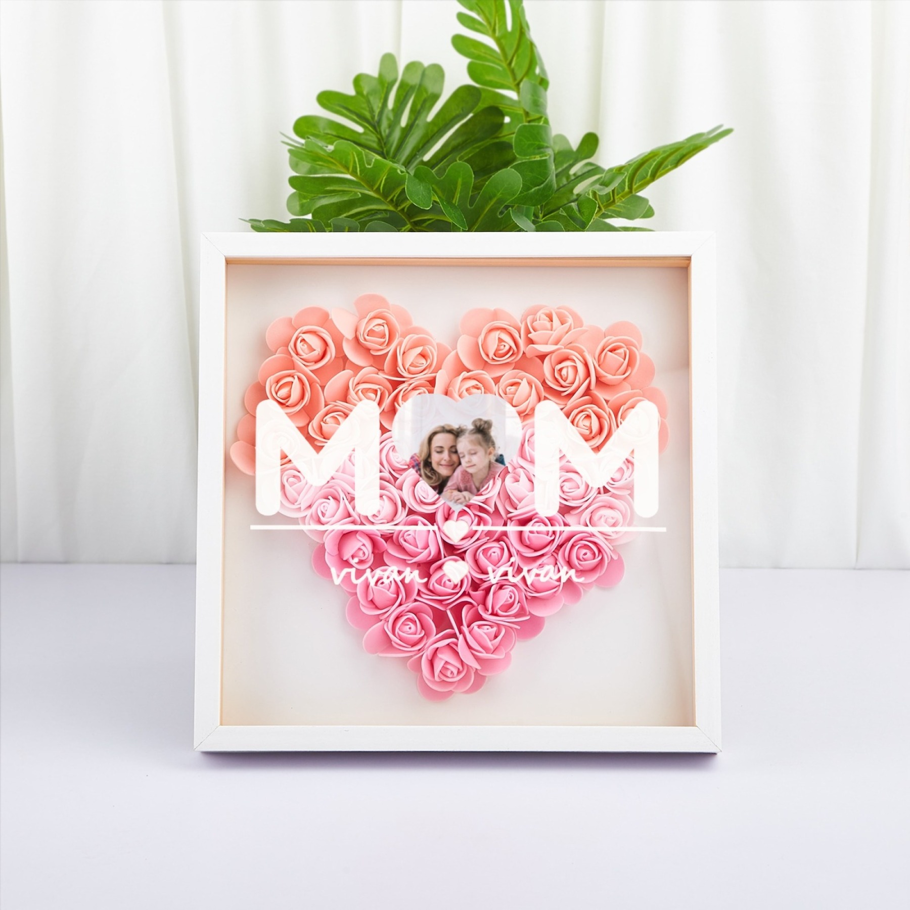 Custom Heart Photo Flower Shadow Box with Personalised 1-5 Names Rose Frame Mother’s Day Gift for Mom, Grandma, Nana