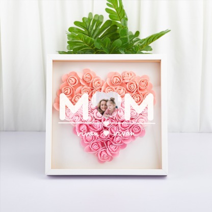 Custom Heart Photo Flower Shadow Box with Personalised 1-5 Names Rose Frame Mother’s Day Gift for Mom, Grandma, Nana