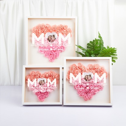Custom Heart Photo Flower Shadow Box with Personalised 1-5 Names Rose Frame Mother’s Day Gift for Mom, Grandma, Nana