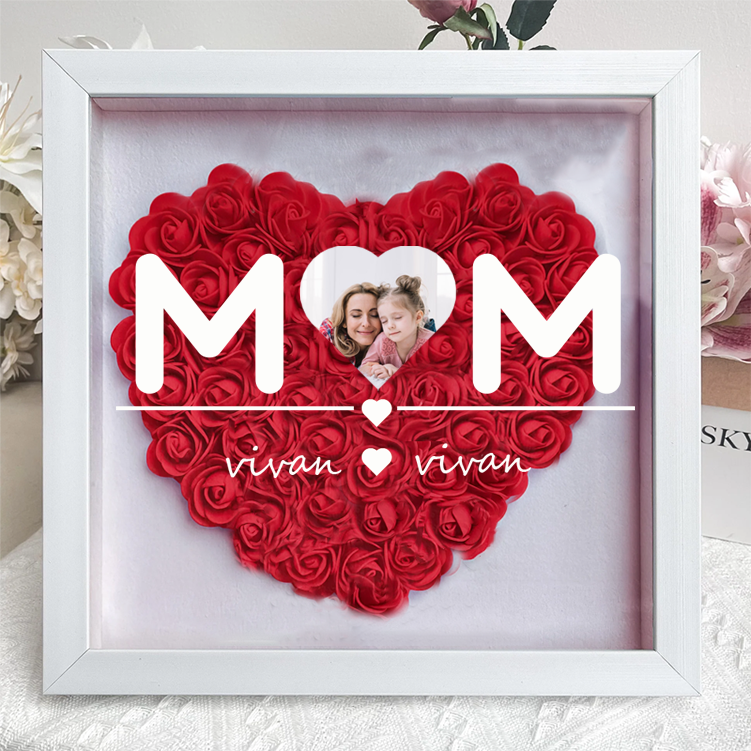 Custom Heart Photo Flower Shadow Box with Personalised 1-5 Names Rose Frame Mother’s Day Gift for Mom, Grandma, Nana