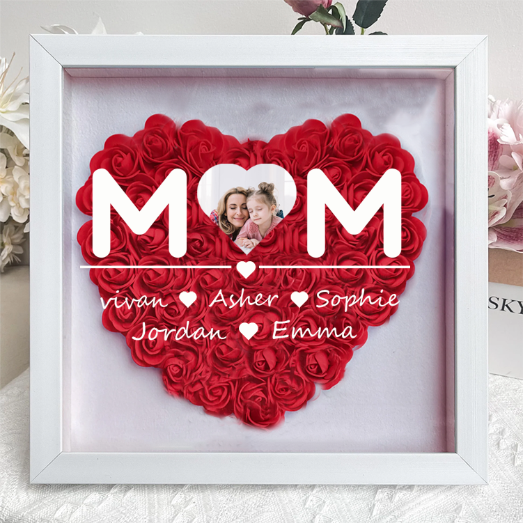 Custom Heart Photo Flower Shadow Box with Personalised 1-5 Names Rose Frame Mother’s Day Gift for Mom, Grandma, Nana