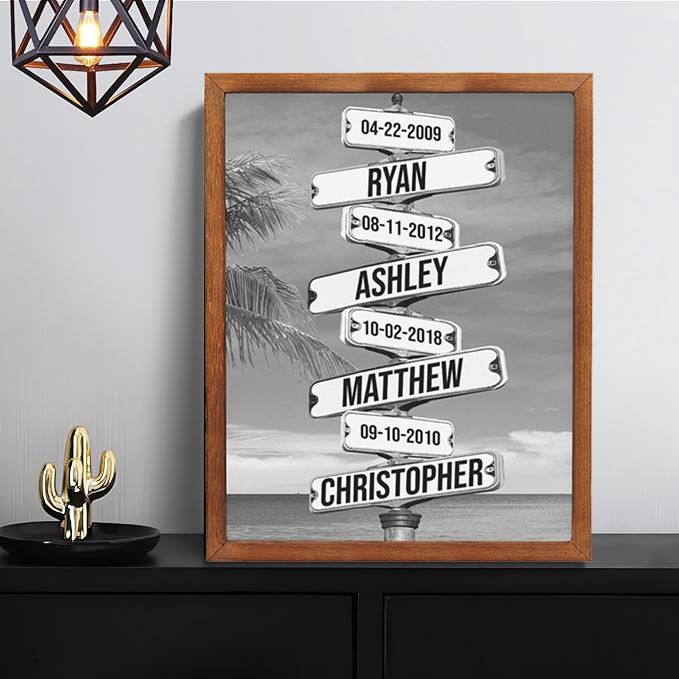 Personalised Family Names & Date of Birth Vintage Street Sign Canvas Custom Multi-Name for Family (with frame)