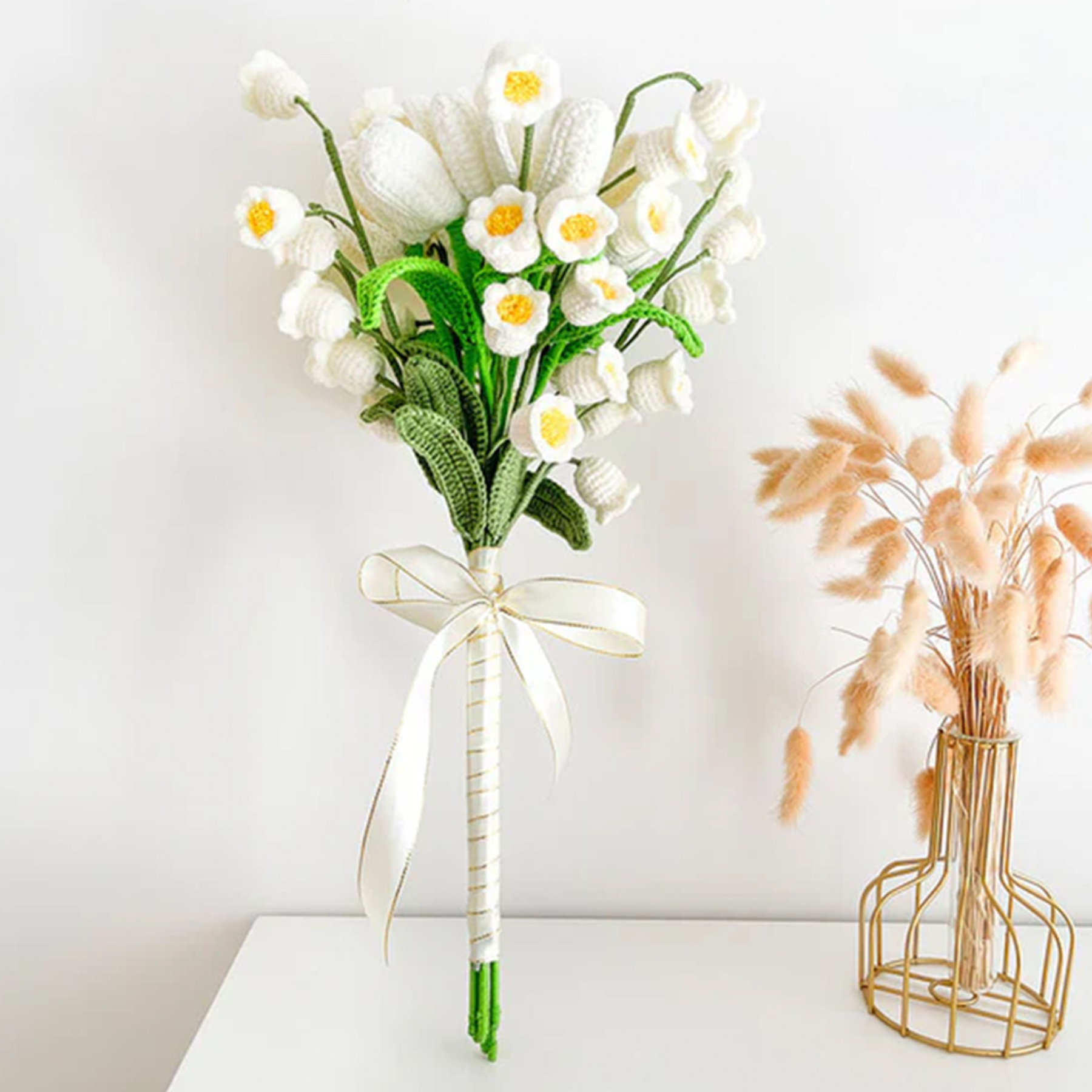 Weave Flowers Bouquet Tulip Lily of the Valley 21 Flowers Bouquet Set Gift for Wedding