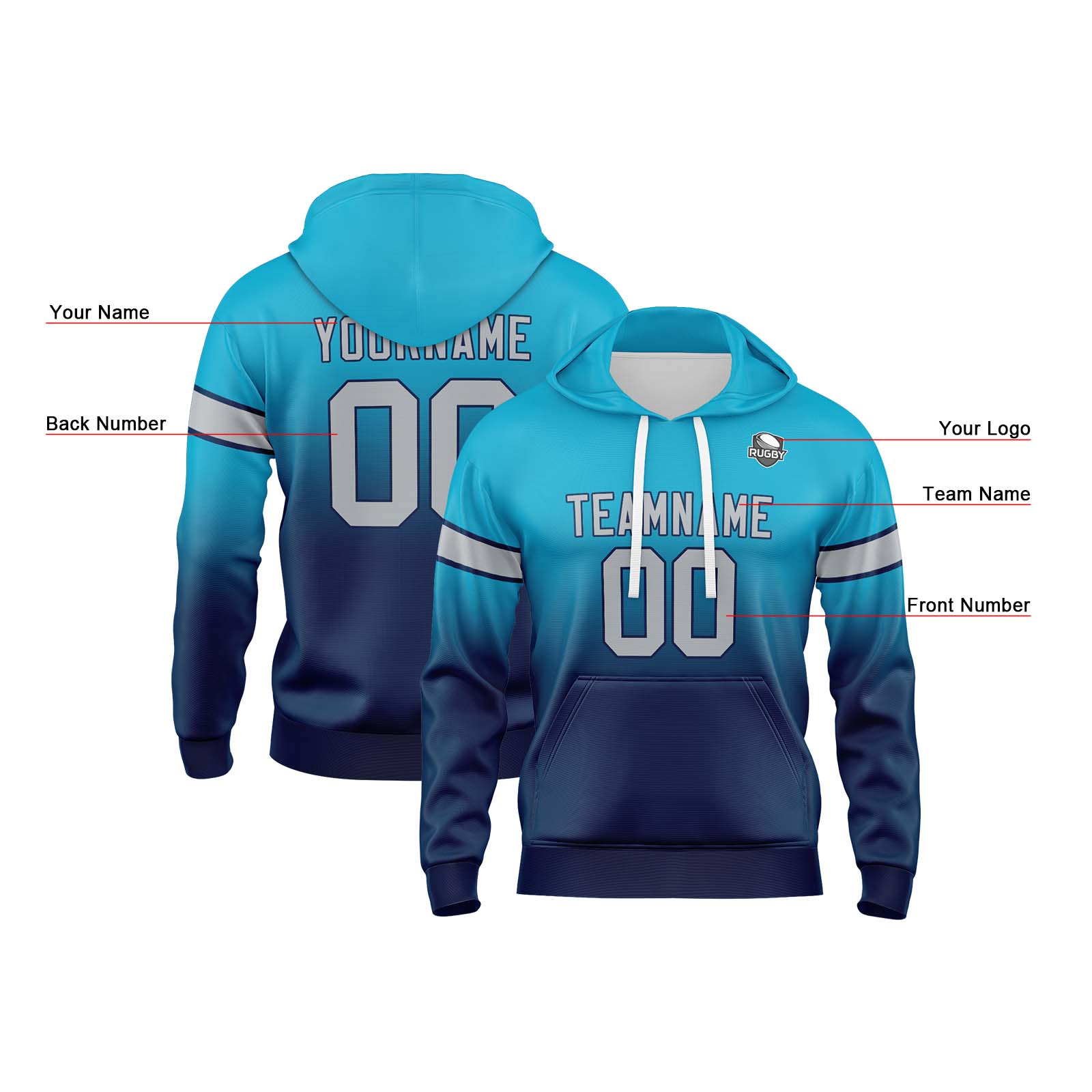 Custom Aqua Dark Blue Gradient Hoodie for Women Men and Youths Personalized Pullover Football Sweatshirt