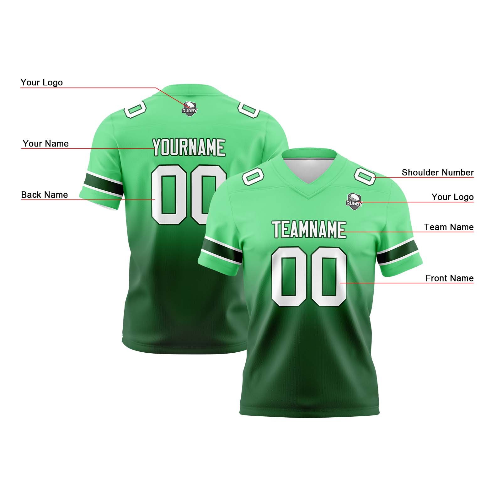 Custom Green Gradient Football Jerseys Personalized Name Number Logo