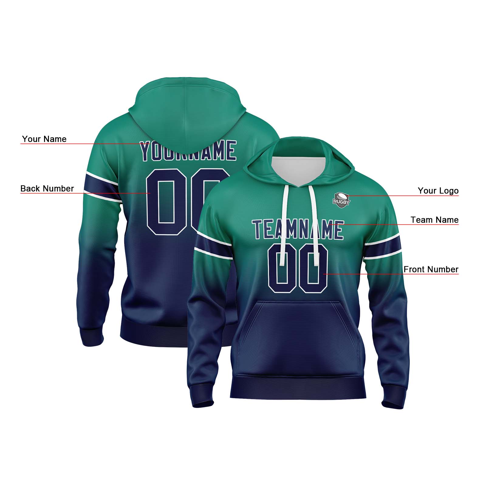 Custom Green Navy Gradient Hoodie for Women Men and Youths Personalized Pullover Football Sweatshirt