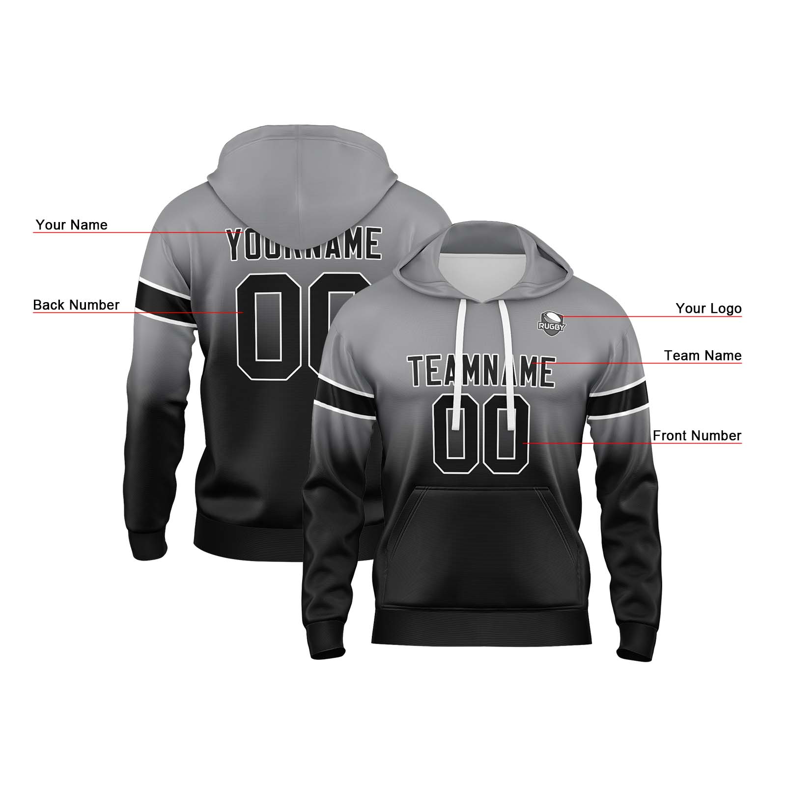 Custom Grey Black Gradient Hoodie for Women Men and Youths Personalized Pullover Football Sweatshirt