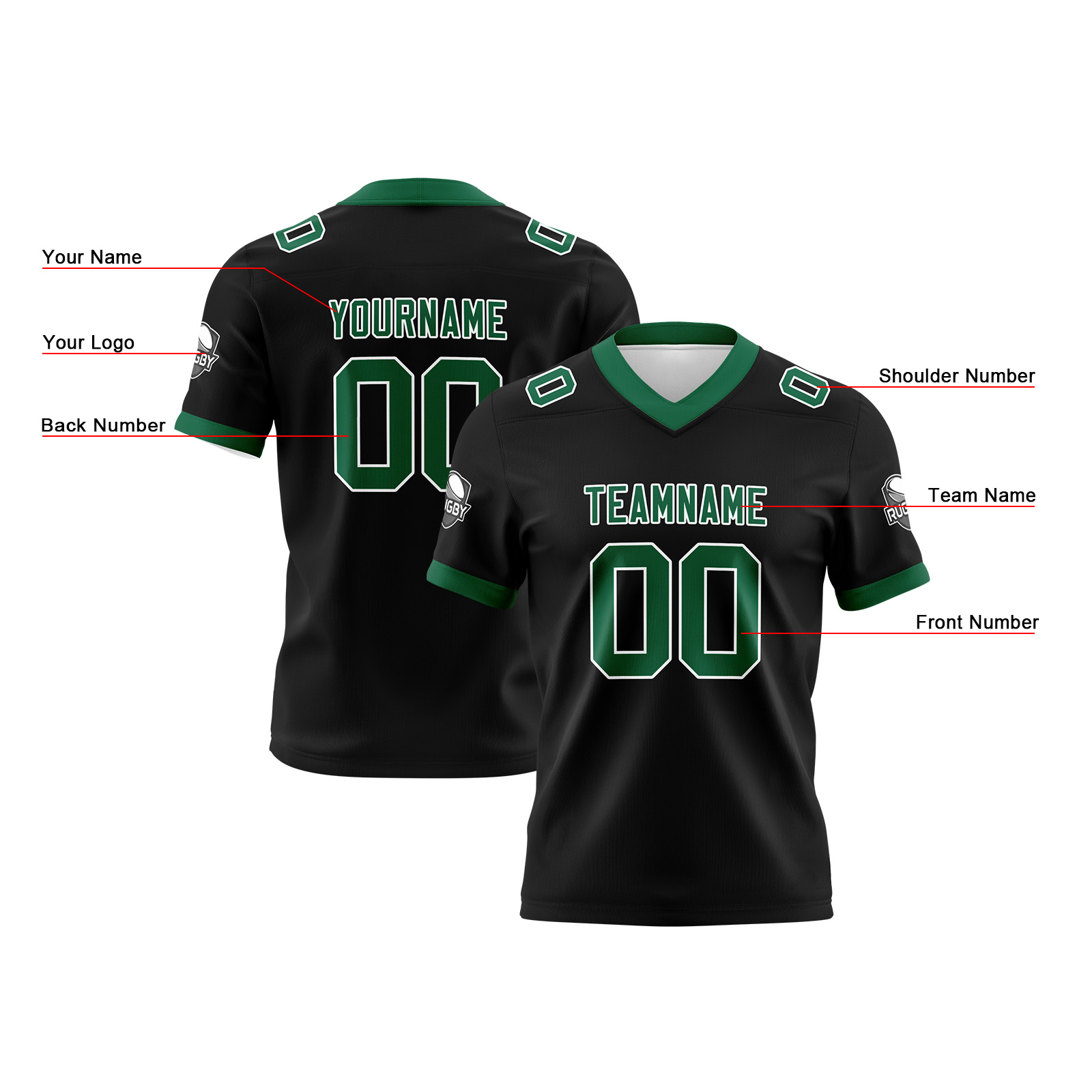 Custom Black Green Football Jersey Personalized Football Shirts for Men Printed Team Name Number Logo