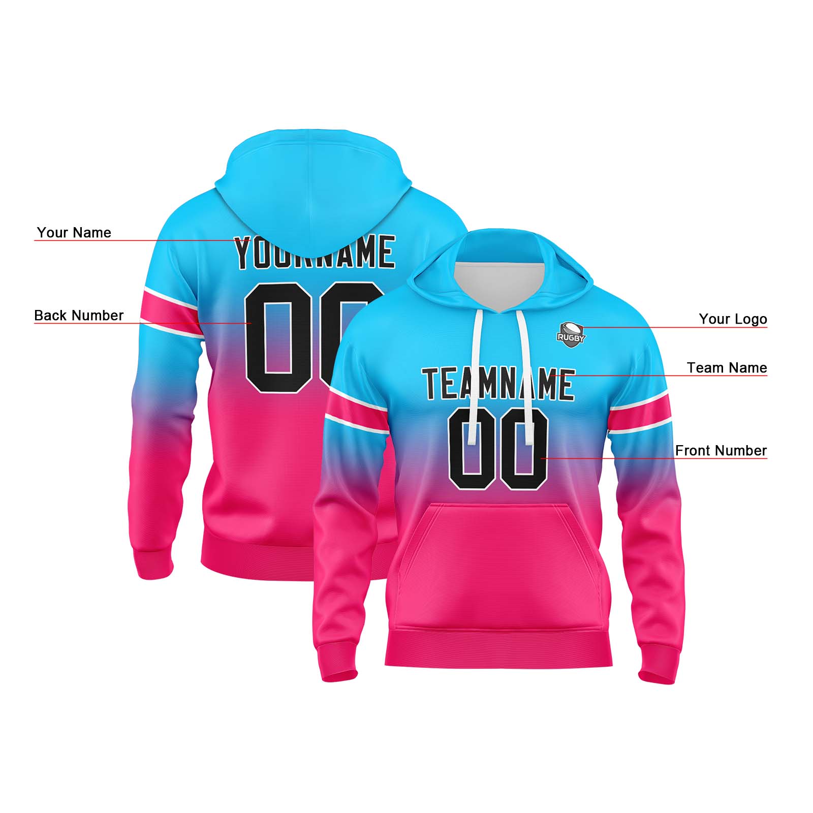Custom Light Blue Pink Gradient Hoodie for Women Men and Youths Personalized Pullover Football Sweatshirt