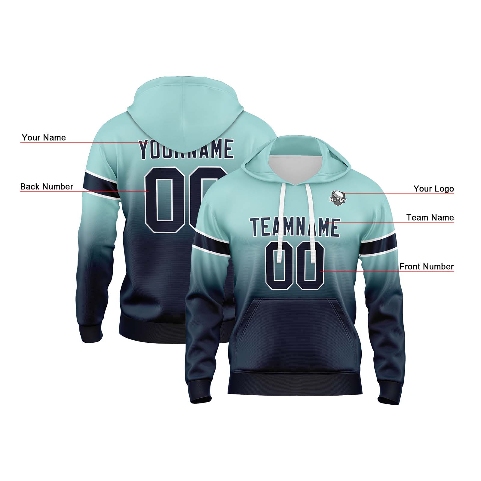 Custom Light Teal Navy Gradient Hoodie for Women Men and Youths Personalized Pullover Football Sweatshirt
