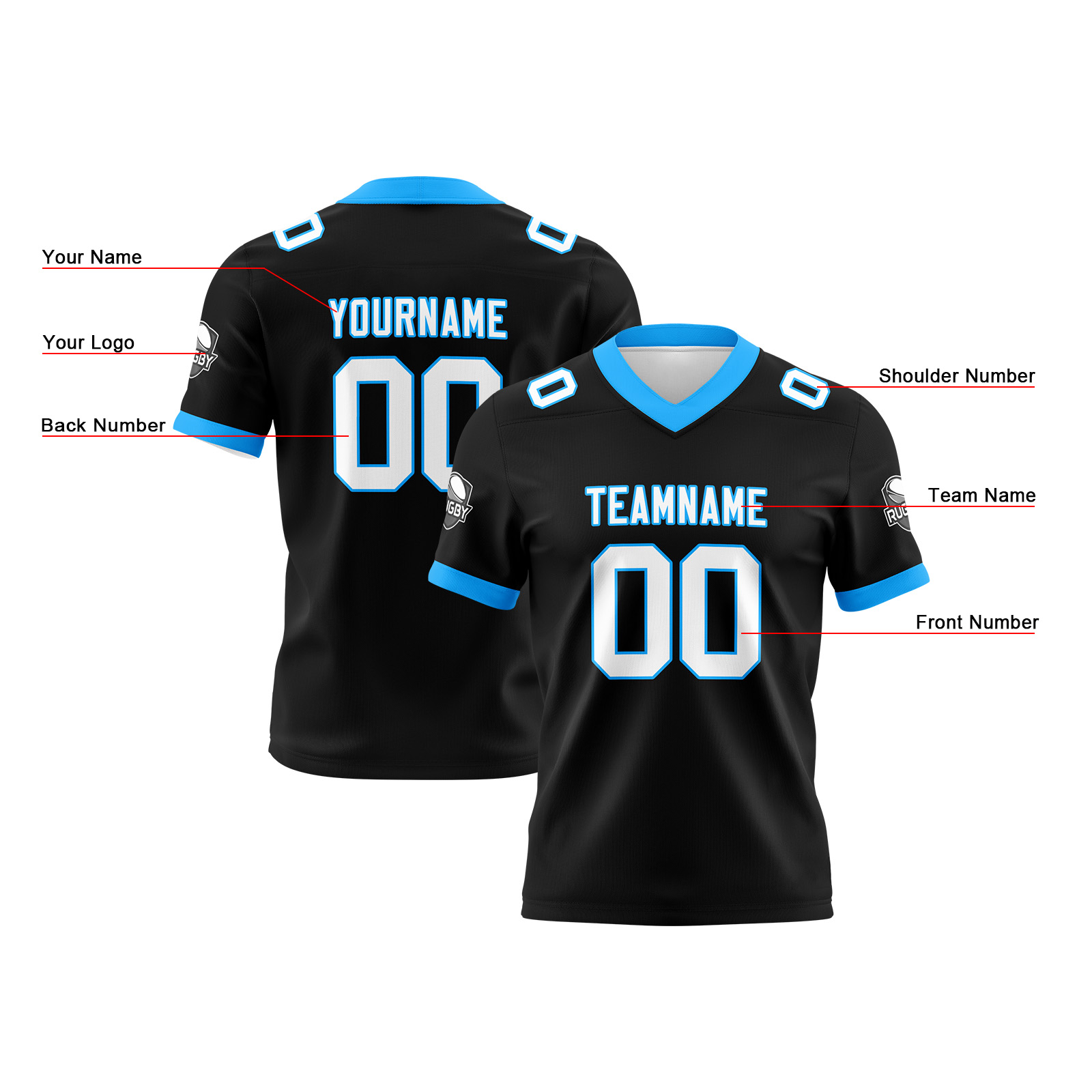 Custom Black Sky Blue Football Jersey Personalized Football Shirts for Men Printed Team Name Number Logo
