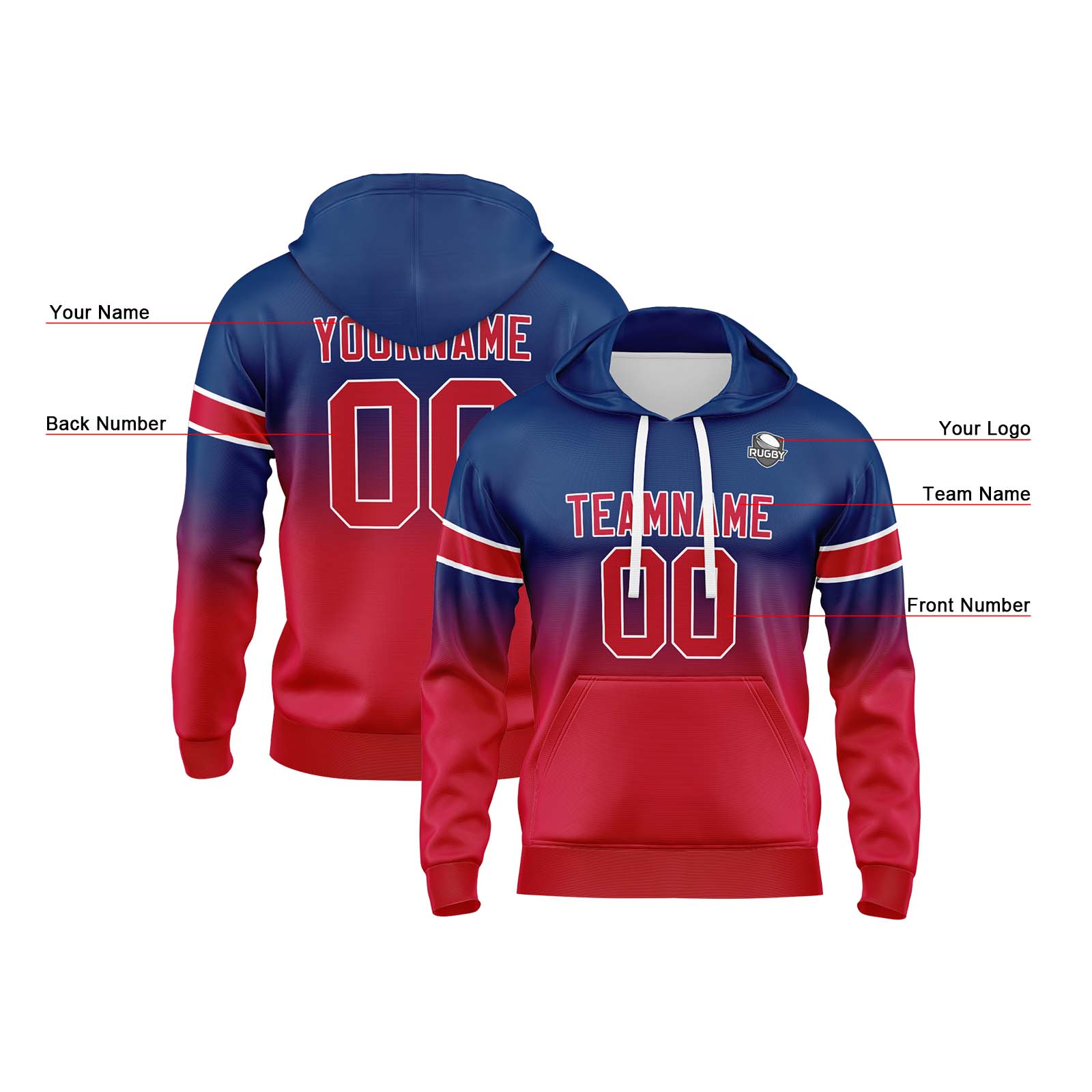 Custom Navy Red Gradient Hoodie for Women Men and Youths Personalized Pullover Football Sweatshirt