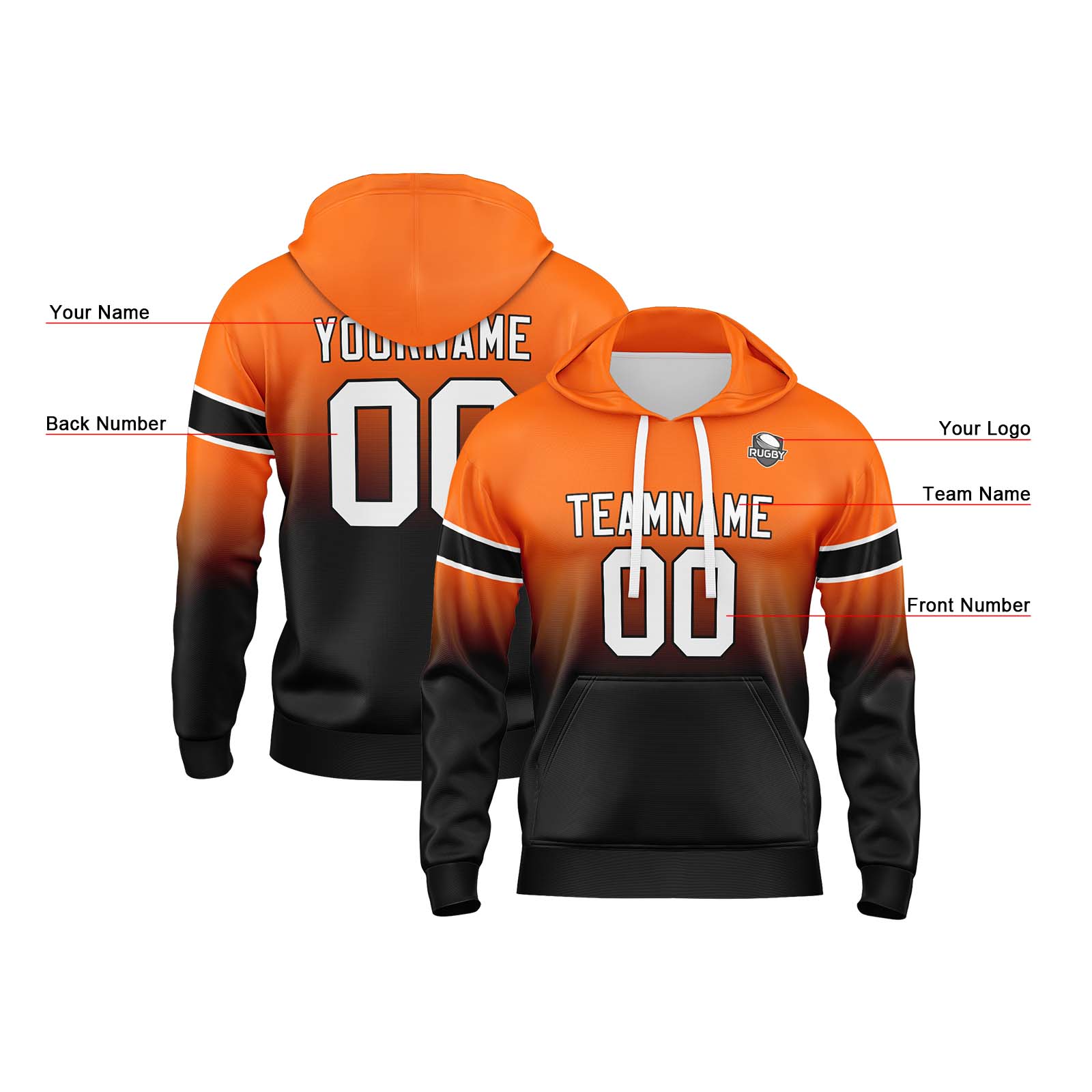 Custom Orange Black Gradient Hoodie for Women Men and Youths Personalized Pullover Football Sweatshirt