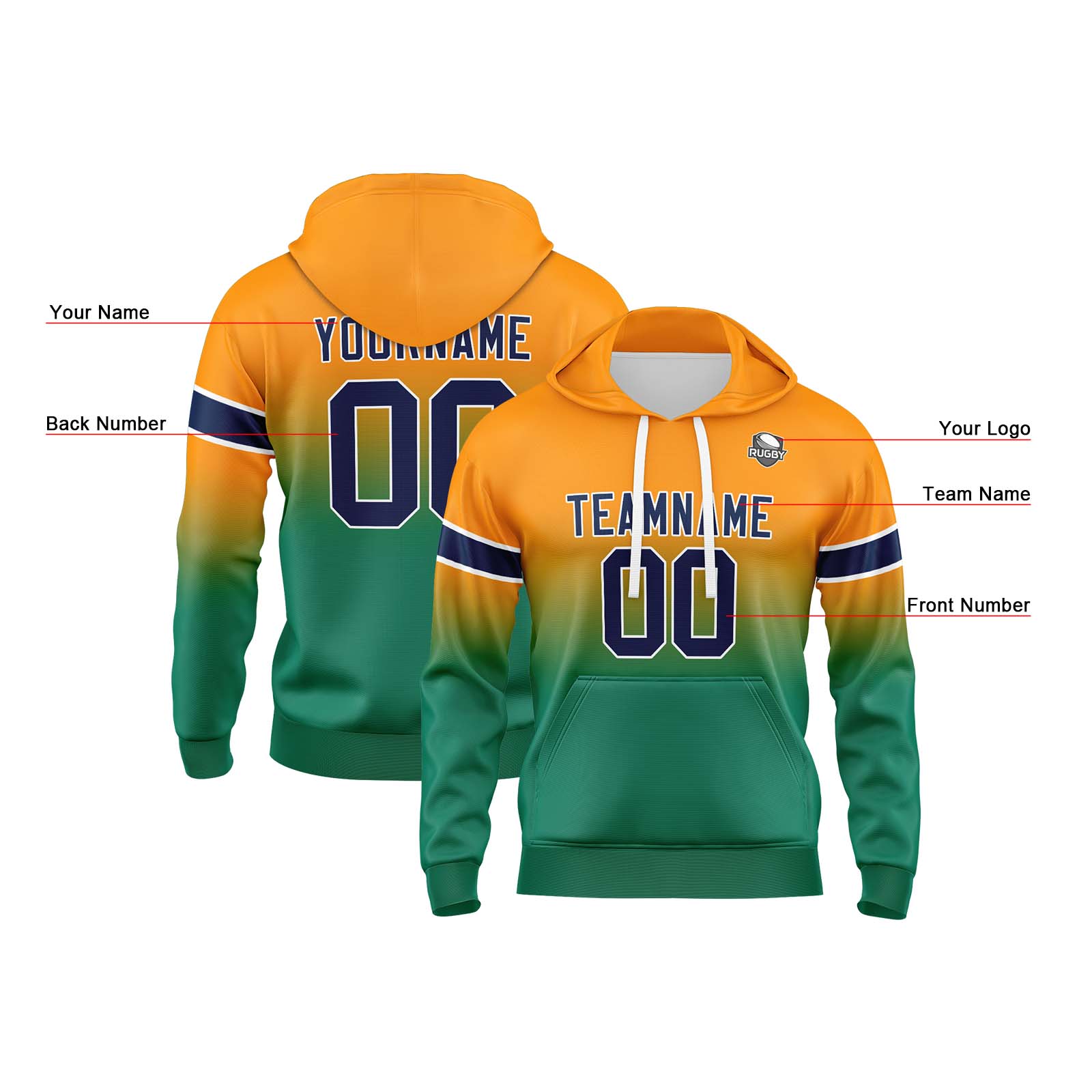 Custom Orange Green Gradient Hoodie for Women Men and Youths Personalized Pullover Football Sweatshirt