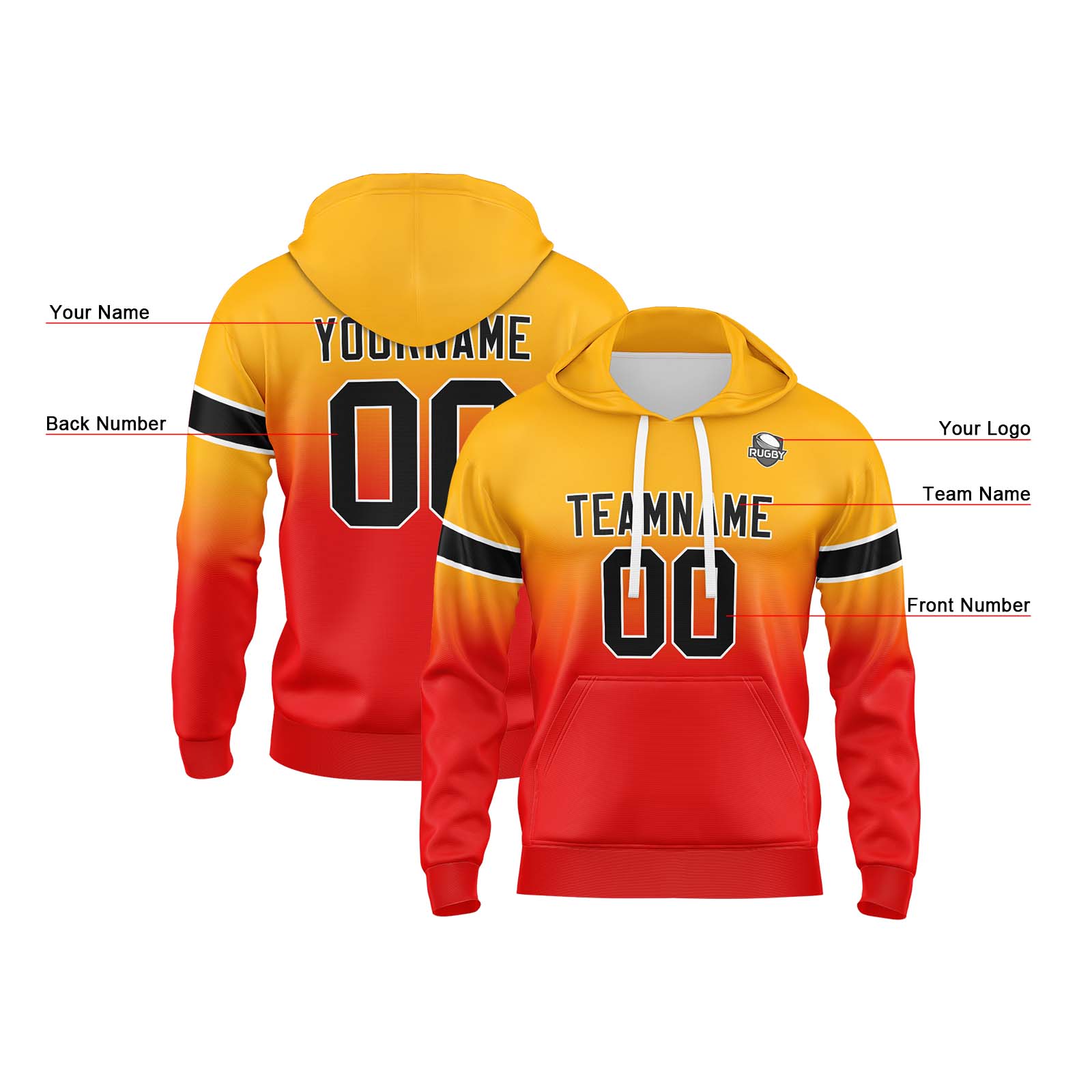 Custom Orange Red Gradient Hoodie for Women Men and Youths Personalized Pullover Football Sweatshirt