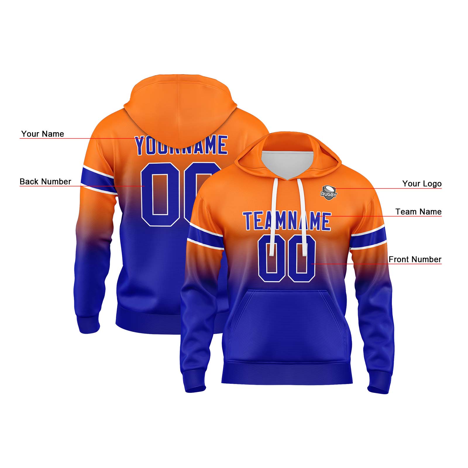 Custom Orange Royal Gradient Hoodie for Women Men and Youths Personalized Pullover Football Sweatshirt