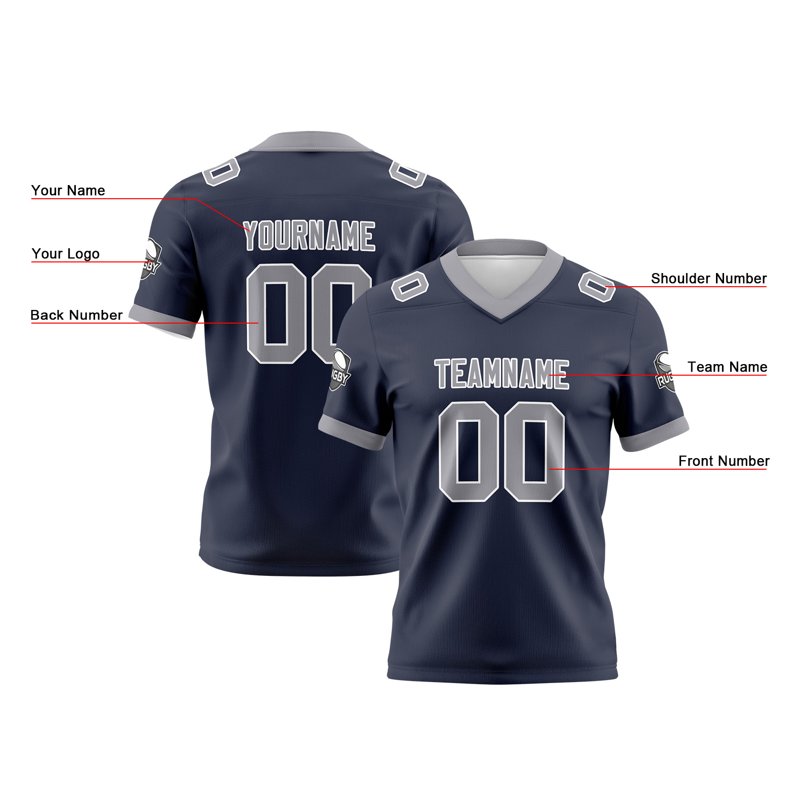Custom Navy Gray Football Jersey Personalized Football Shirts for Men Printed Team Name Number Logo