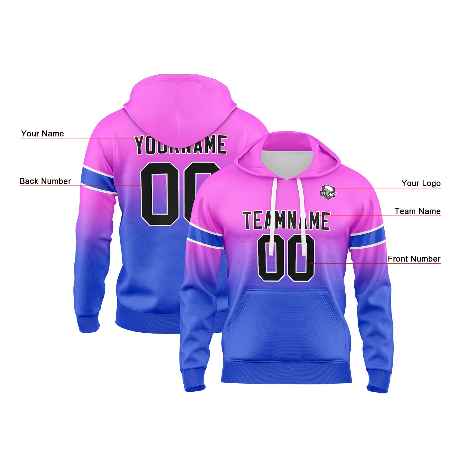 Custom Pink Blue Gradient Hoodie for Women Men and Youths Personalized Pullover Football Sweatshirt