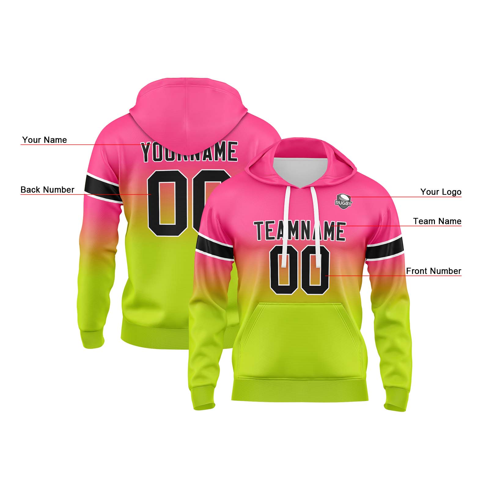 Custom Pink Chartreuse Gradient Hoodie for Women Men and Youths Personalized Pullover Football Sweatshirt