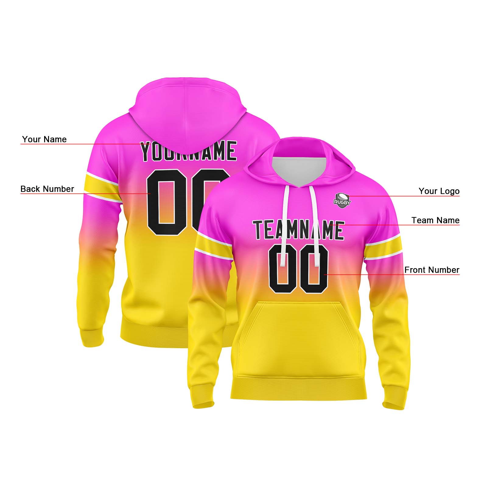 Custom Pink Yellow Gradient Hoodie for Women Men and Youths Personalized Pullover Football Sweatshirt