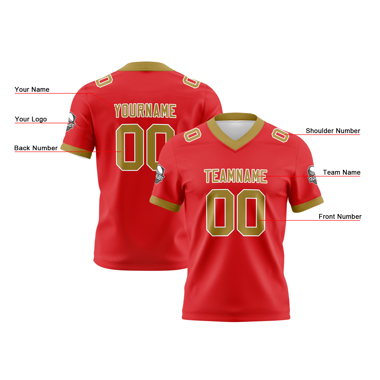 Custom Red Gold Football Jersey Personalized Football Shirts for Men Printed Team Name Number Logo