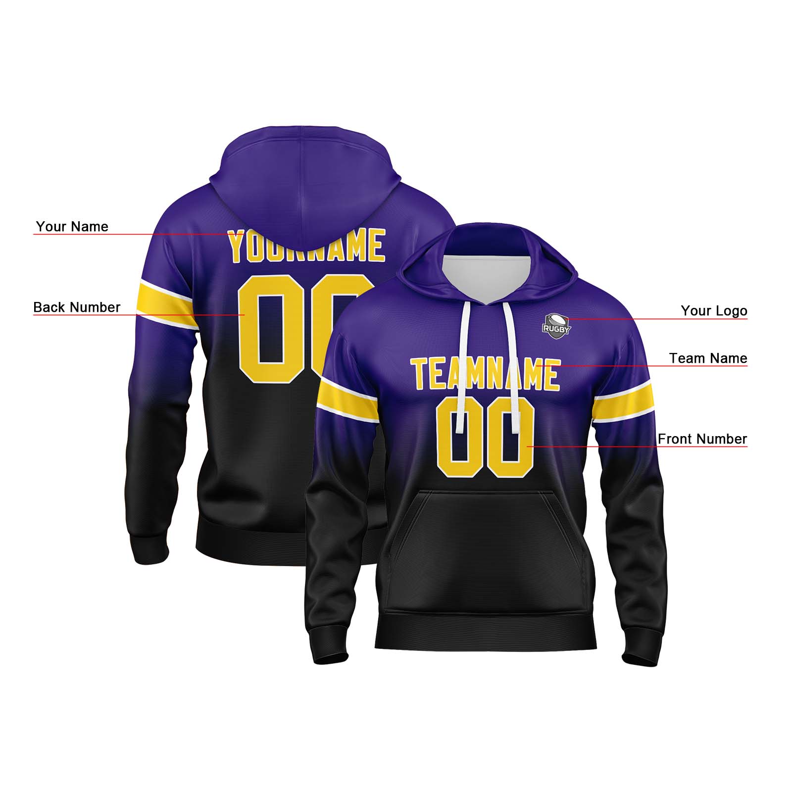 Custom Purple Black Gradient Hoodie for Women Men and Youths Personalized Pullover Football Sweatshirt