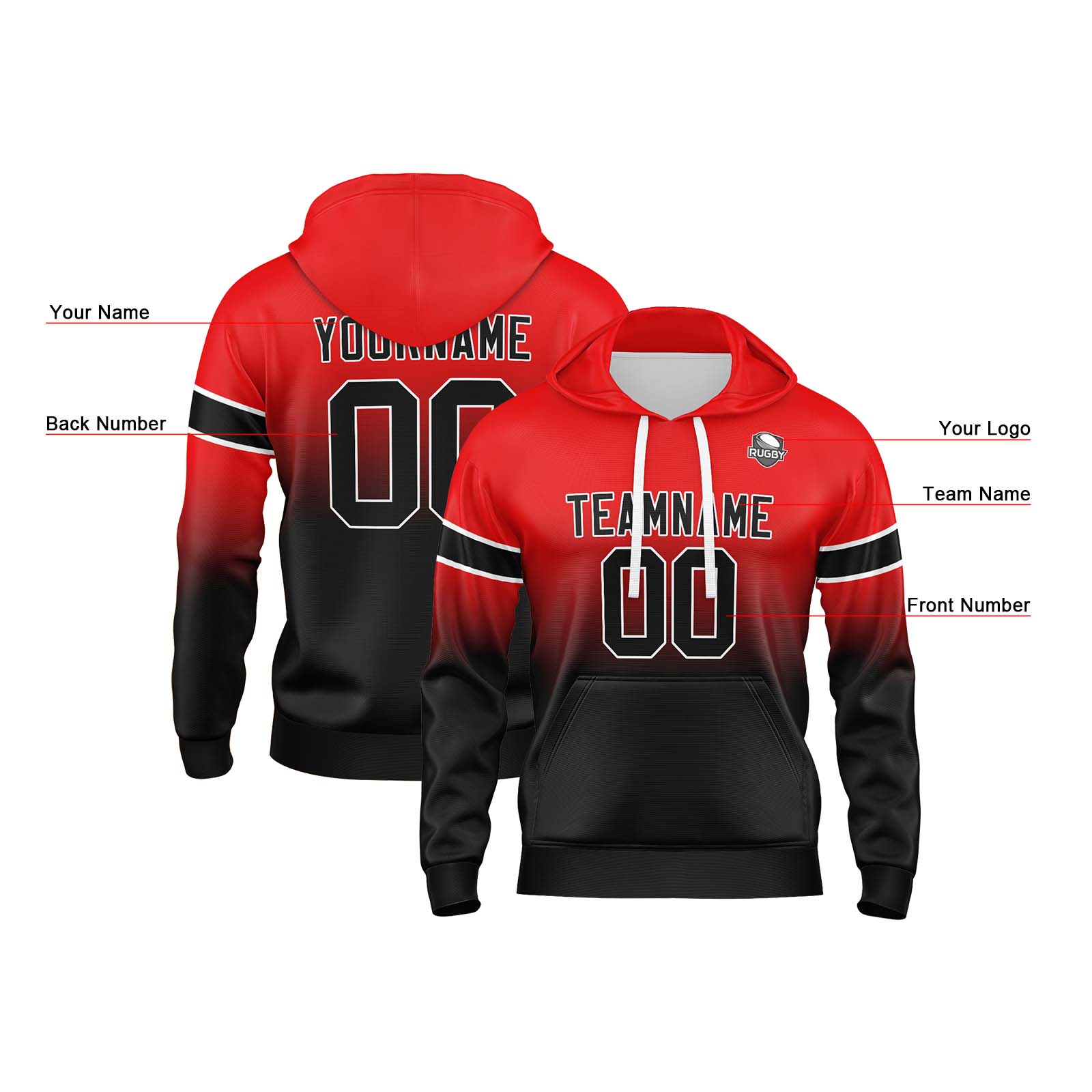 Custom Red Black Gradient Hoodie for Women Men and Youths Personalized Pullover Football Sweatshirt