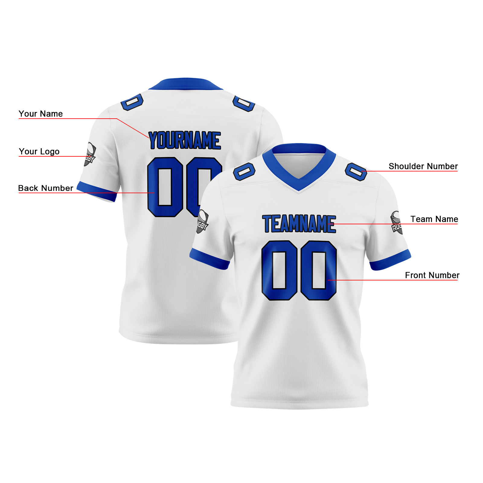 Custom White Blue Football Jersey Personalized Football Shirts for Men Printed Team Name Number Logo