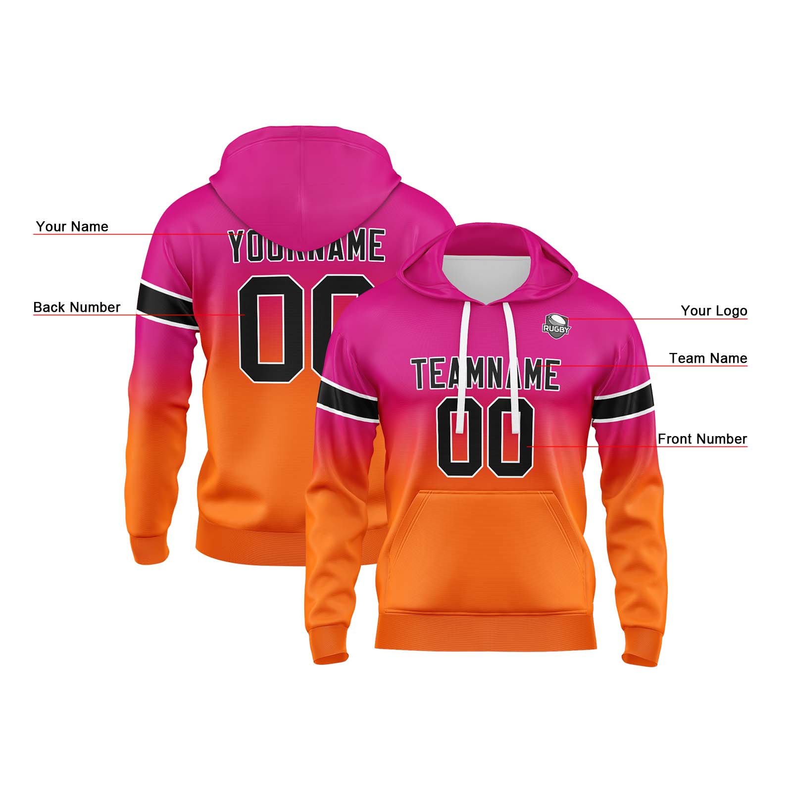 Custom Rose Orange Gradient Hoodie for Women Men and Youths Personalized Pullover Football Sweatshirt