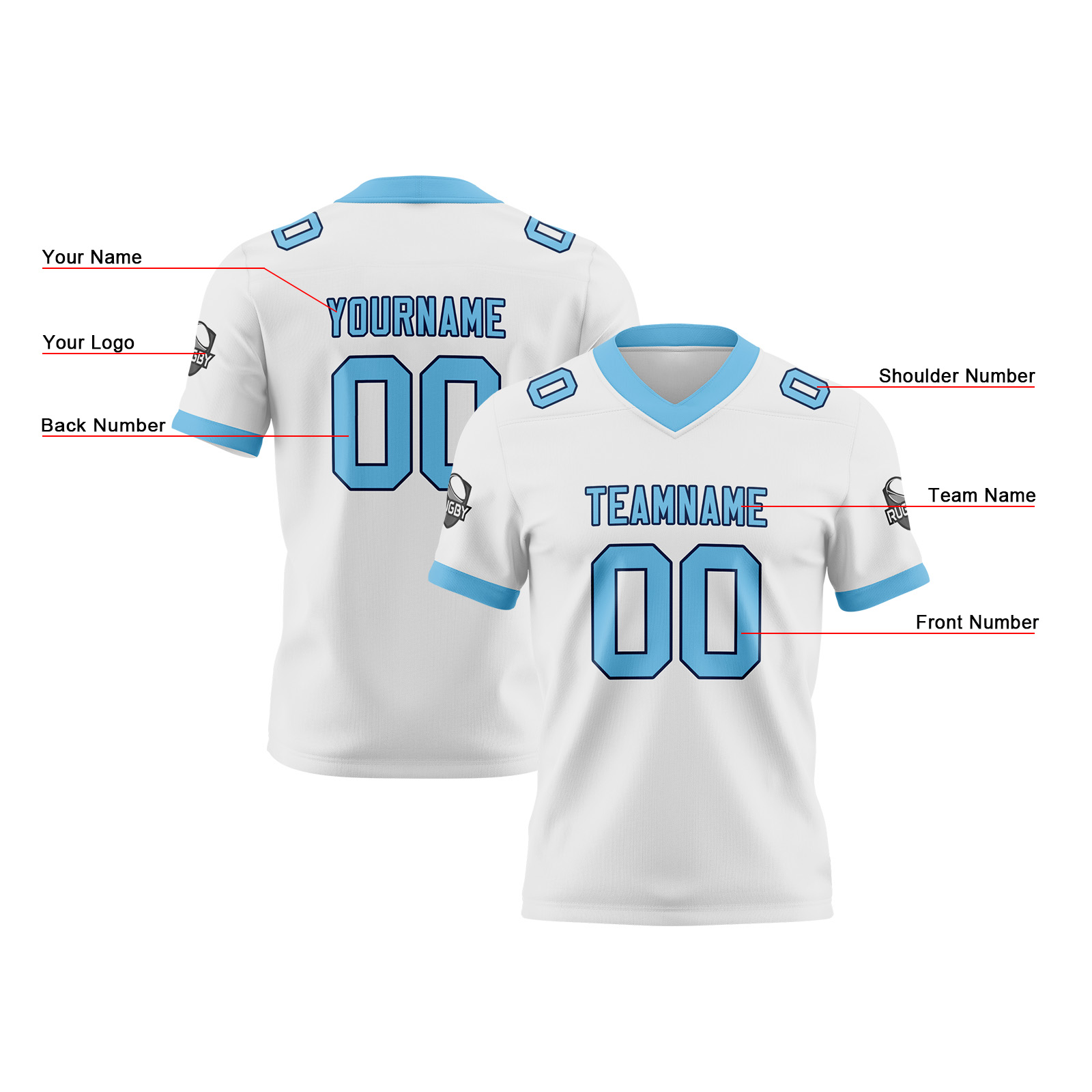 Custom White Sky Blue Football Jersey Personalized Football Shirts for Men Printed Team Name Number Logo