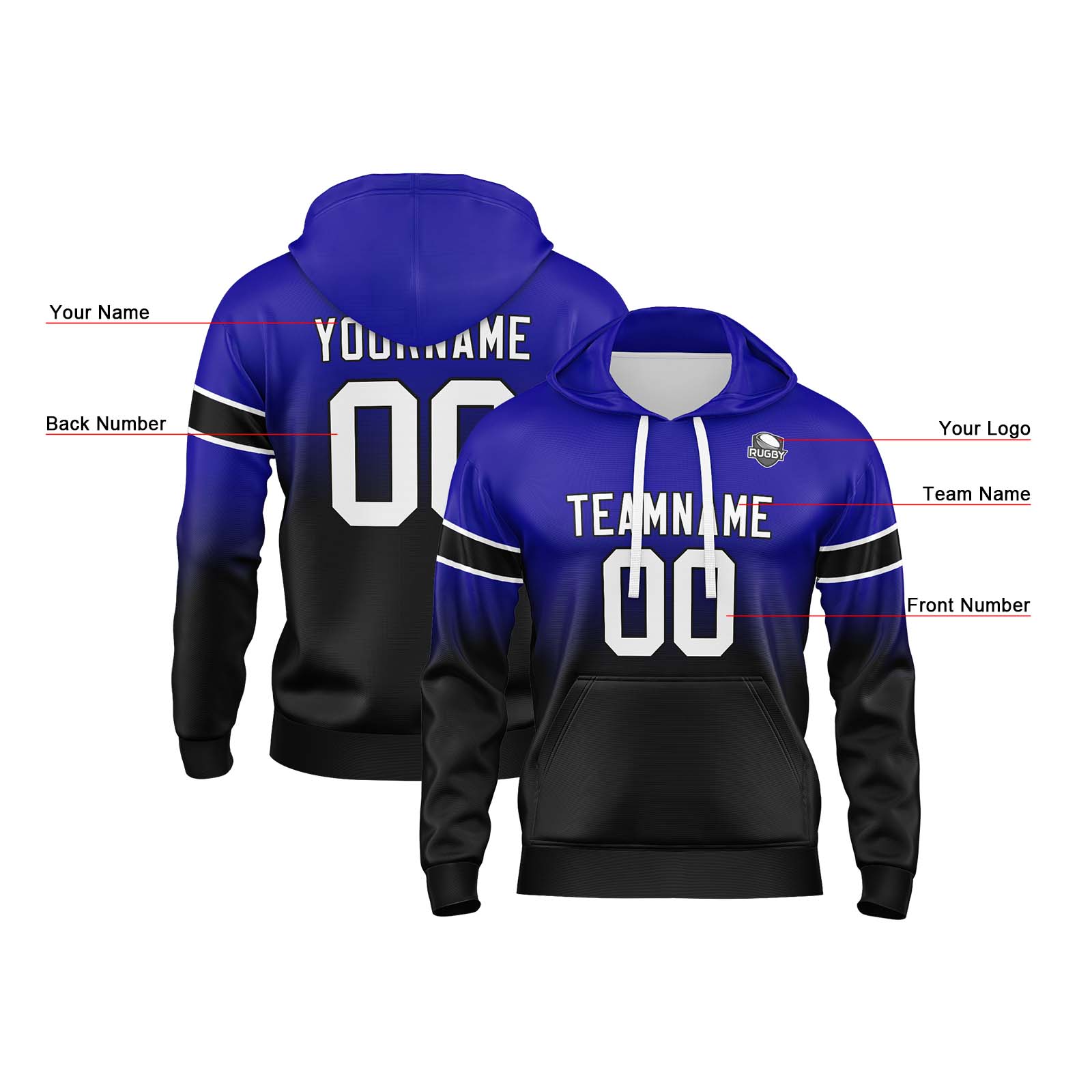 Custom Royal Black Gradient Hoodie for Women Men and Youths Personalized Pullover Football Sweatshirt