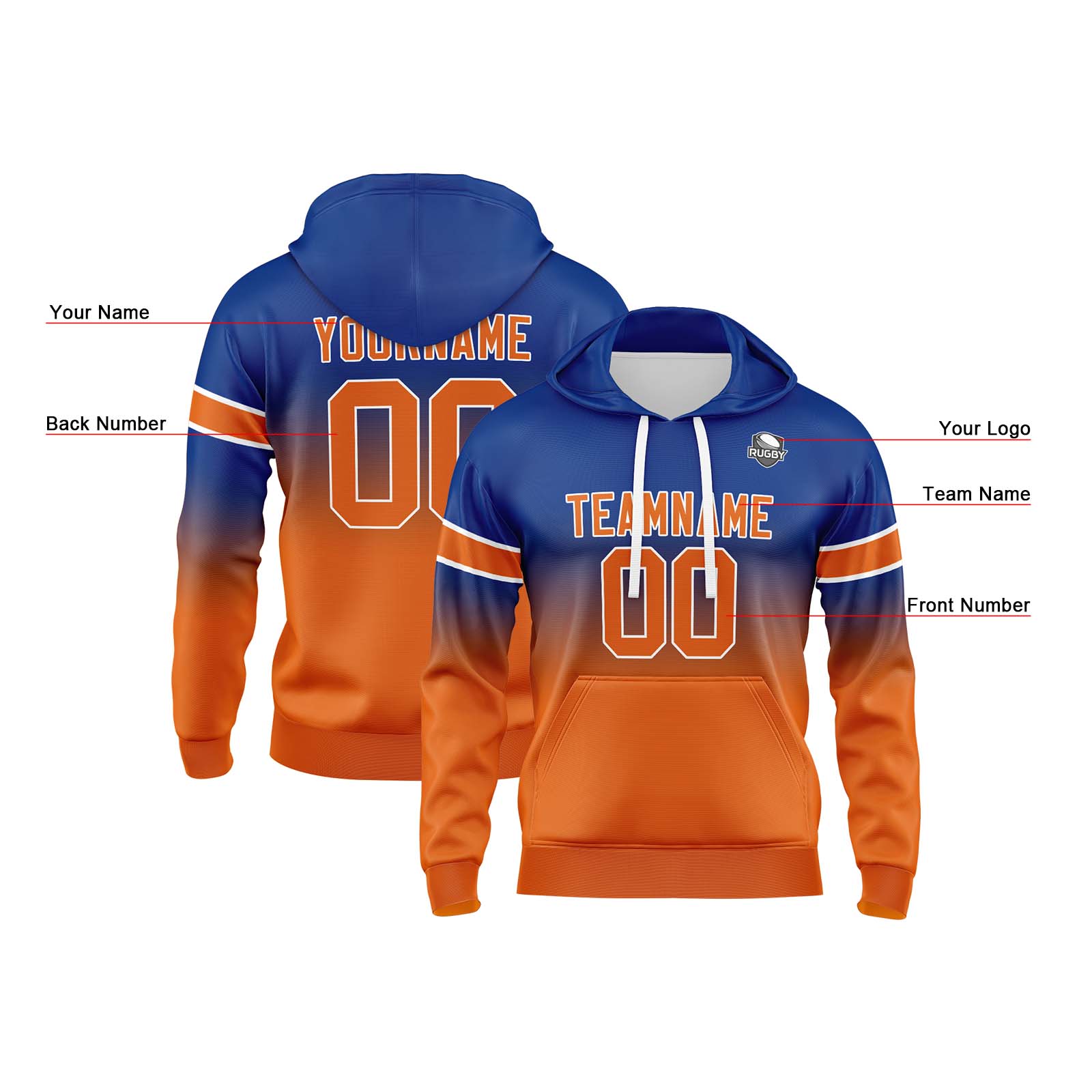 Custom Royal Orange Gradient Hoodie for Women Men and Youths Personalized Pullover Football Sweatshirt