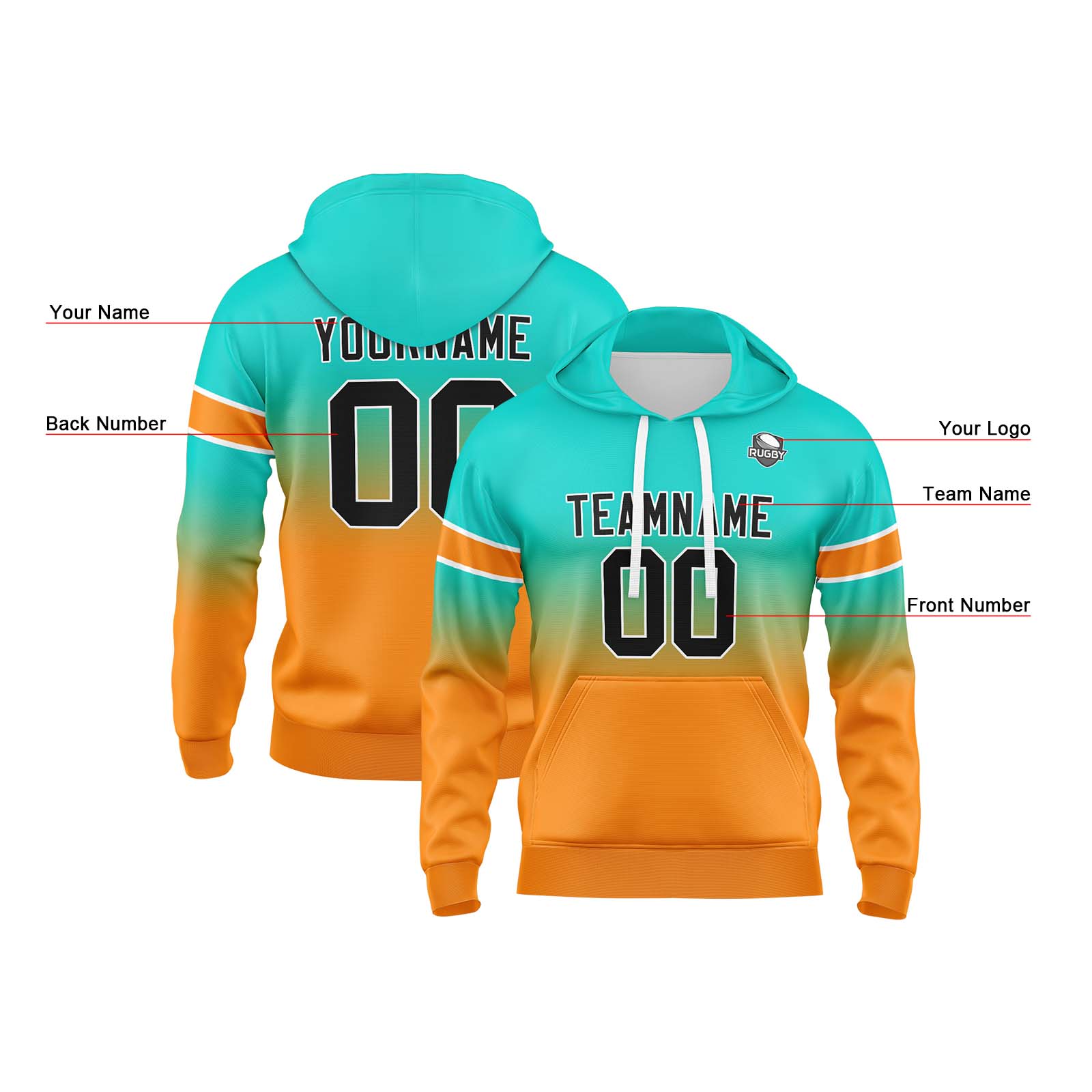 Custom Teal Orange Gradient Hoodie for Women Men and Youths Personalized Pullover Football Sweatshirt