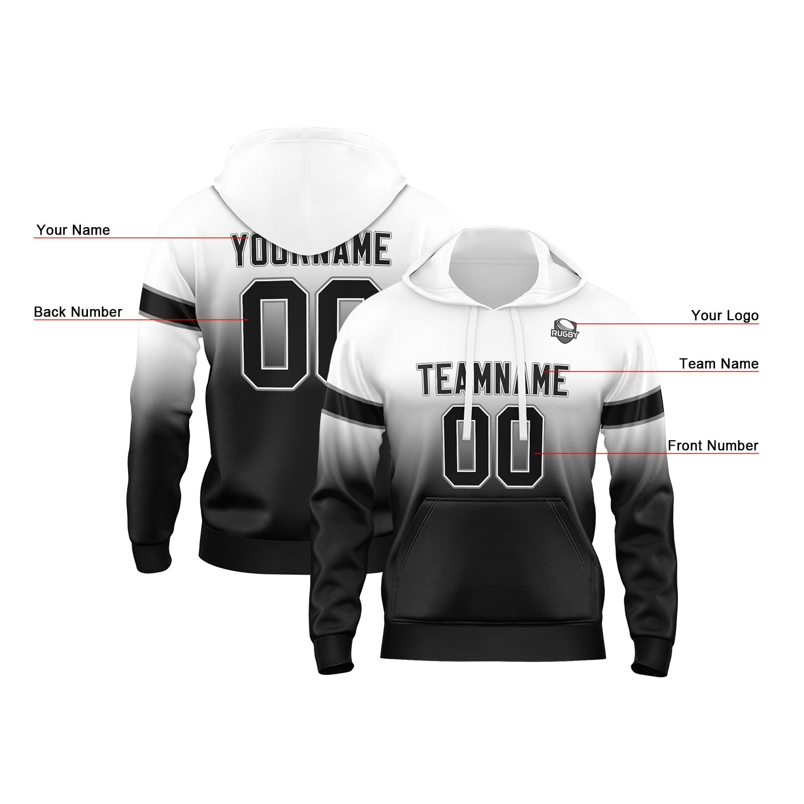 Custom White Black Gradient Hoodie for Women Men and Youths Personalized Pullover Football Sweatshirt