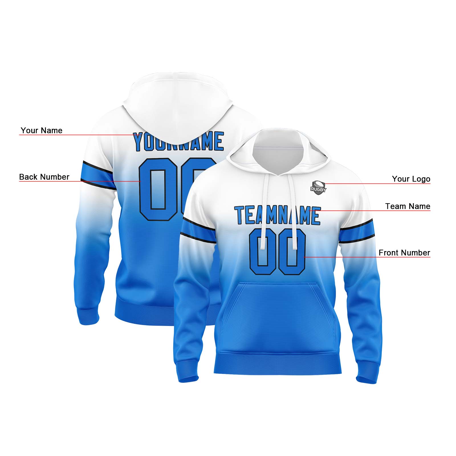 Custom White Blue Gradient Hoodie for Women Men and Youths Personalized Pullover Football Sweatshirt