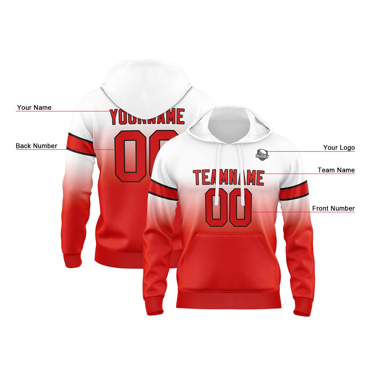 Custom White Red Gradient Hoodie for Women Men and Youths Personalized Pullover Football Sweatshirt