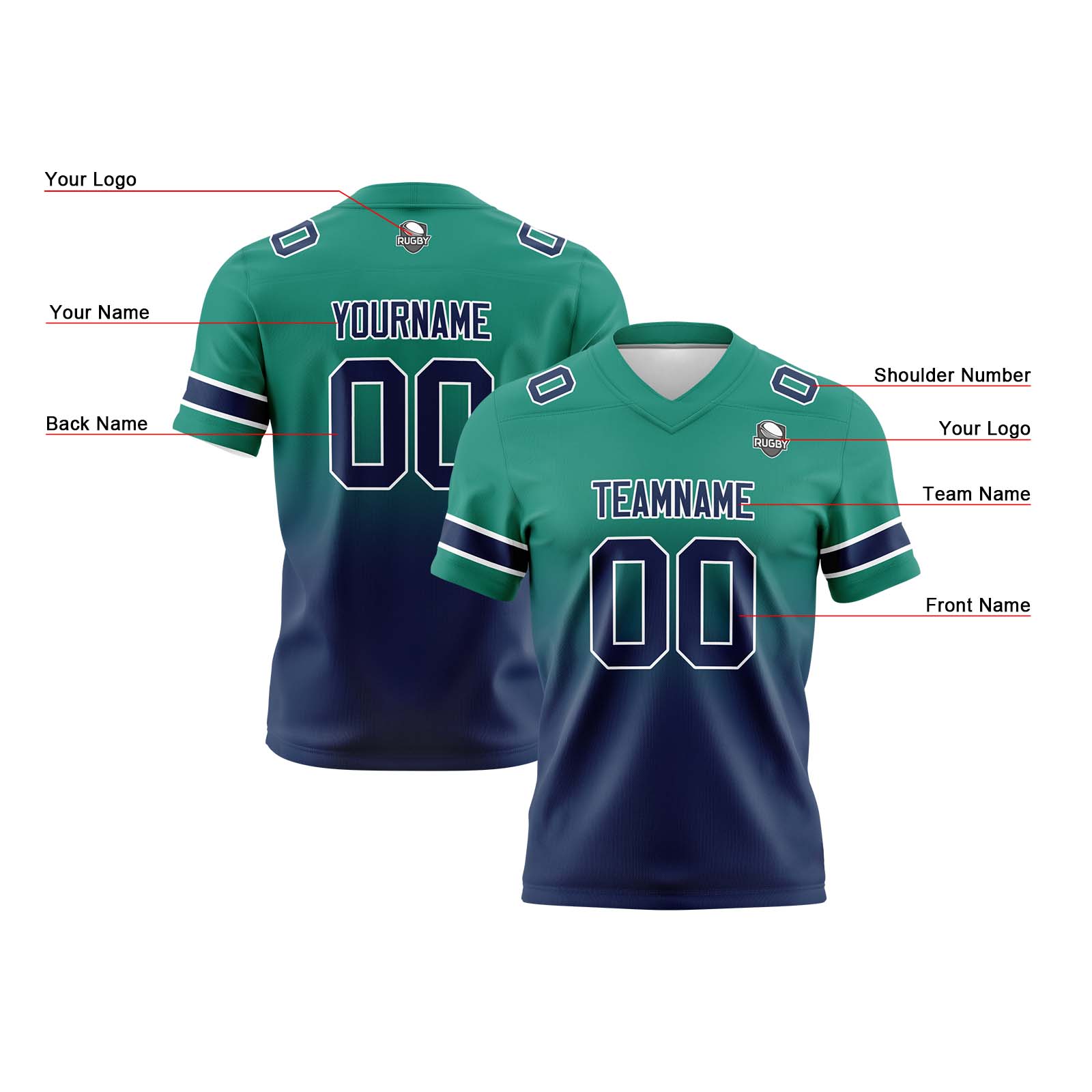 Custom Green&Navy Gradient Football Jerseys Personalized Name Number Logo