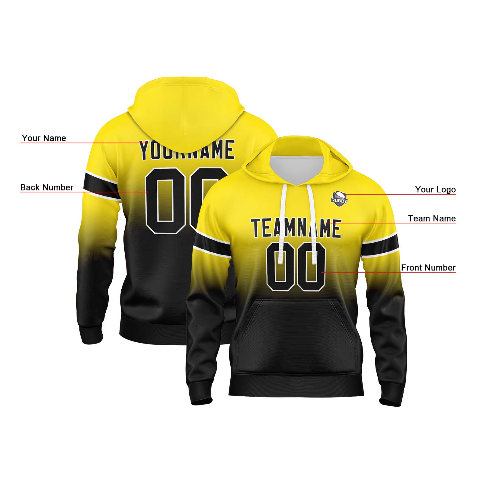 Custom Yellow Black Gradient Hoodie for Women Men and Youths Personalized Pullover Football Sweatshirt