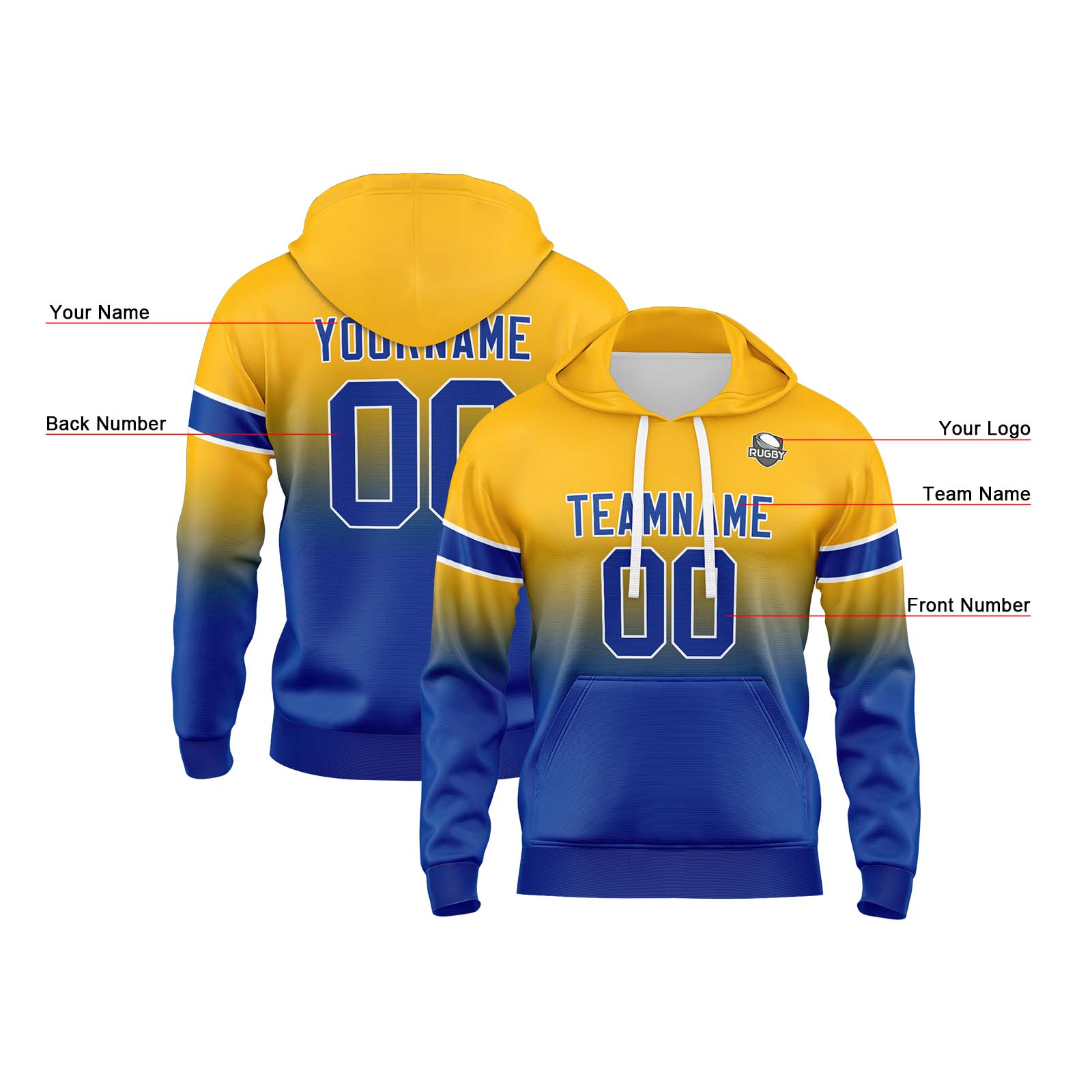 Custom Yellow Blue Gradient Hoodie for Women Men and Youths Personalized Pullover Football Sweatshirt