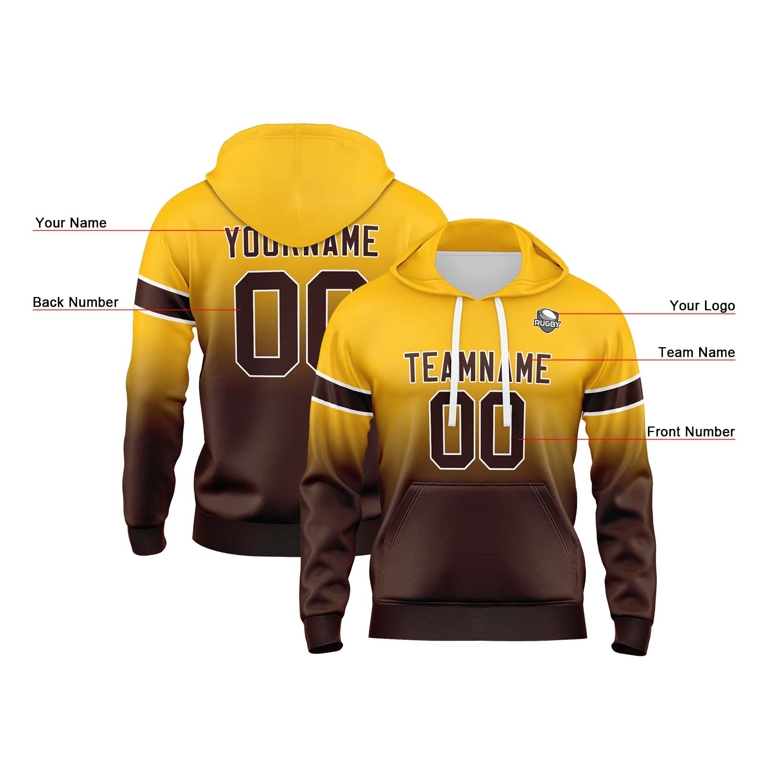 Custom Yellow Brown Gradient Hoodie for Women Men and Youths Personalized Pullover Football Sweatshirt