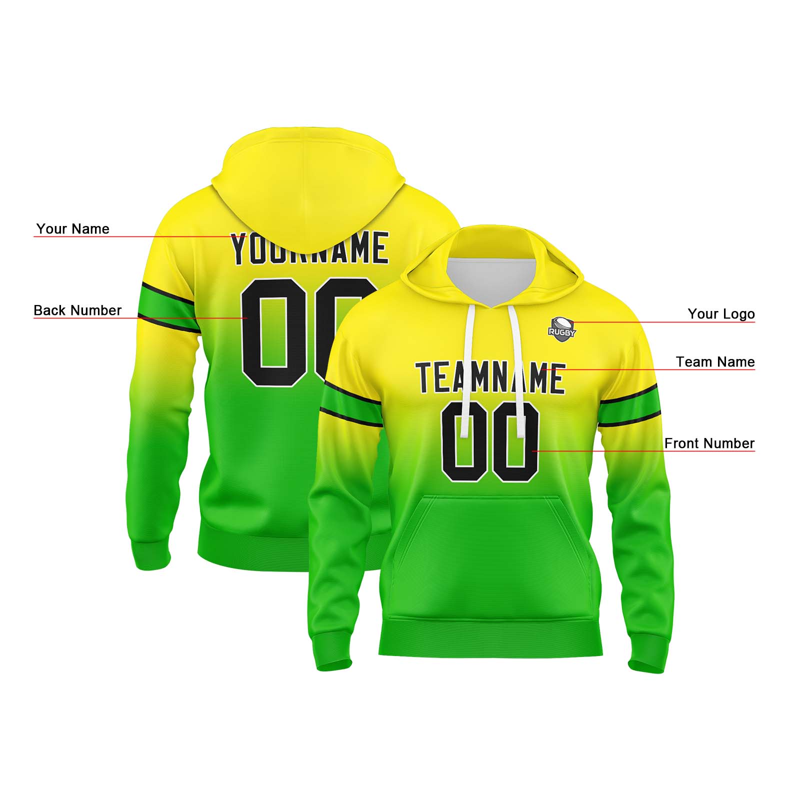 Custom Yellow Green Gradient Hoodie for Women Men and Youths Personalized Pullover Football Sweatshirt