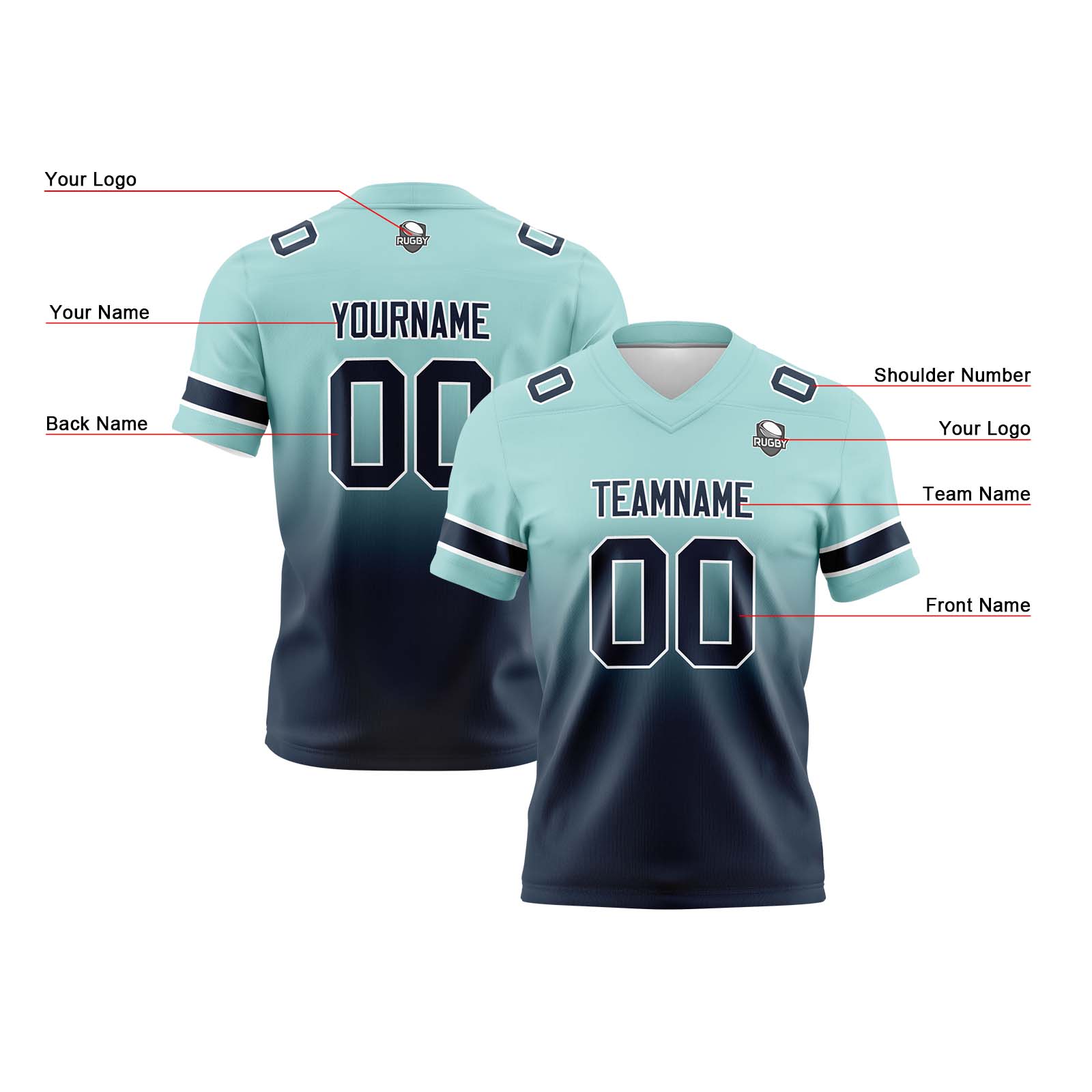 Custom Light Teal&Navy Gradient Football Jerseys Personalized Name Number Logo