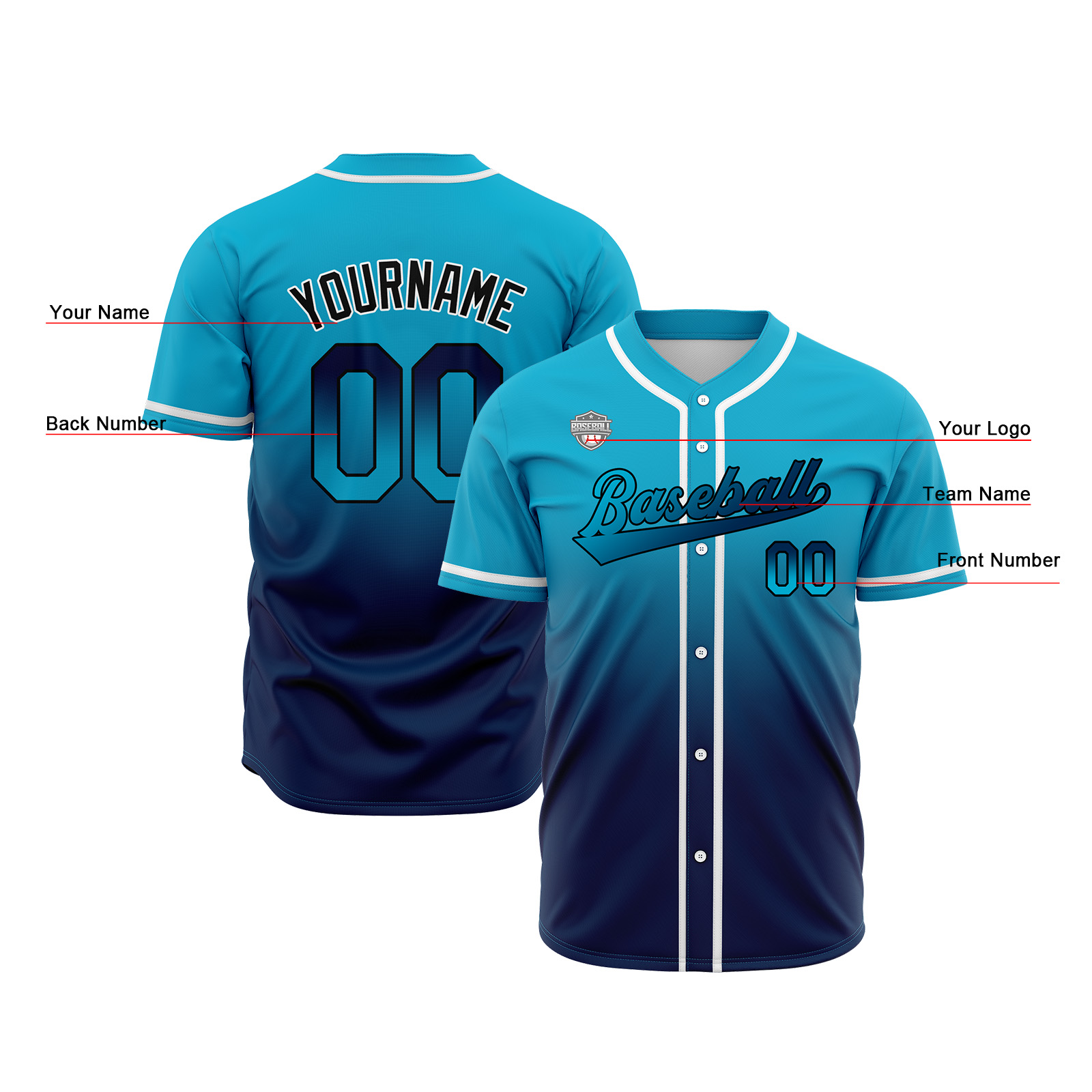 Custom Aqua&Dark Blue Gradient Baseball Jerseys Personalized Name Number Logo